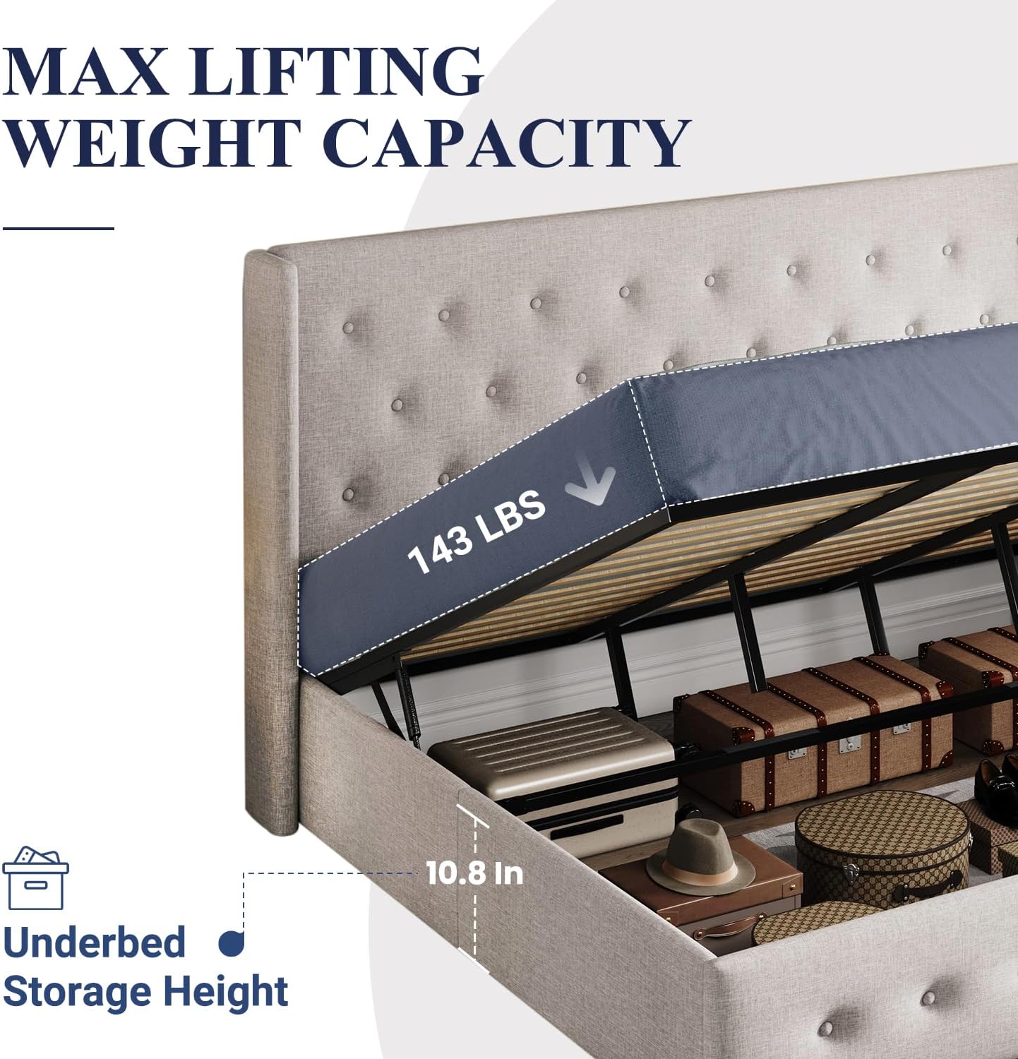 Allewie Queen Size Lift Up Storage Bed Modern Wingback Headboard Hydraulic Support