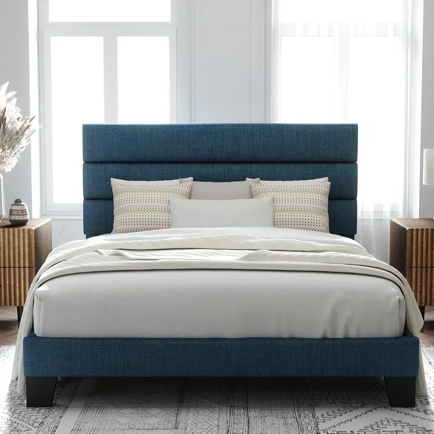Allewie King size platform bed frame with velvet upholstered headboard and planks