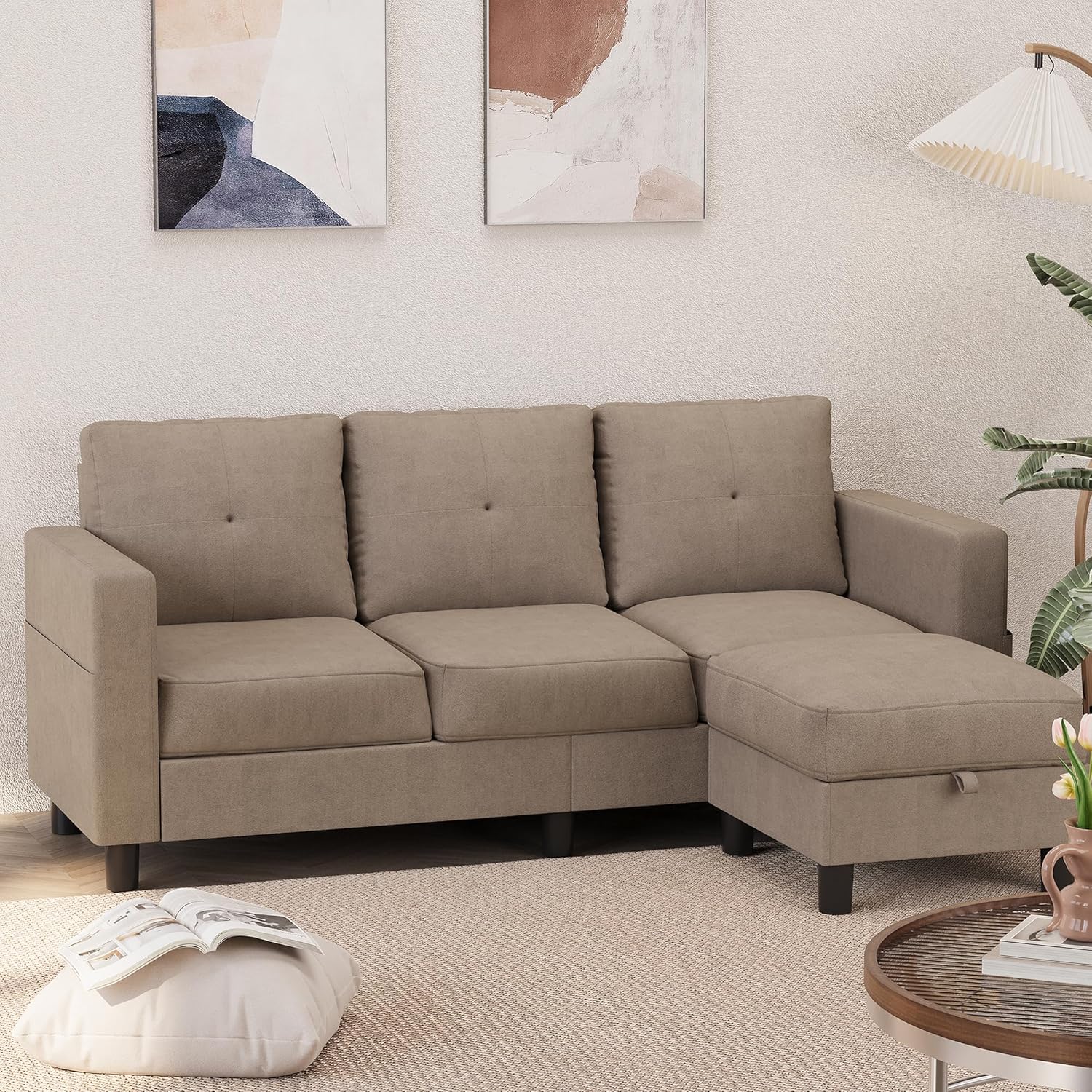 Shintenchi 76 inch Modern Upholstered Sectional Sofa L Shaped Couch with Storage Ottoman