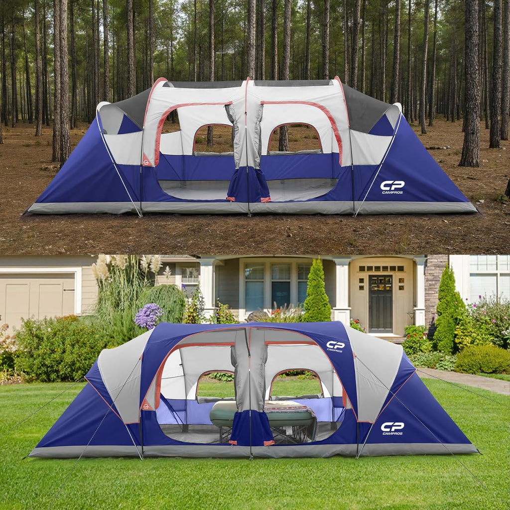 CAMPROS CP Tent 12-Person-Camping-Tents,3 Room Family Tents,Waterproof Windproof Family Tent with Top Rainfly,6 Large Mesh Windows,Double Layer,Easy Set Up, Portable with Carry Bag-20' x 9' x 72(H)