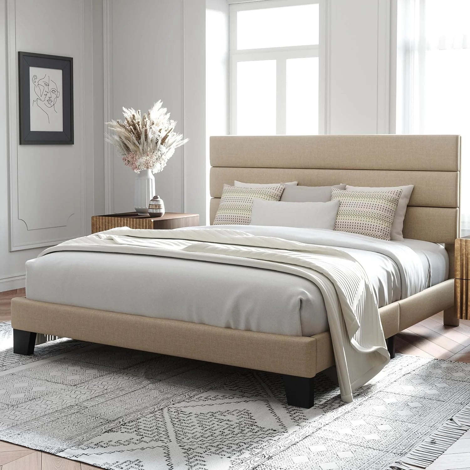Allewie Queen Size Platform Bed Frame Fabric Upholstered Headboard Wooden Slats Support