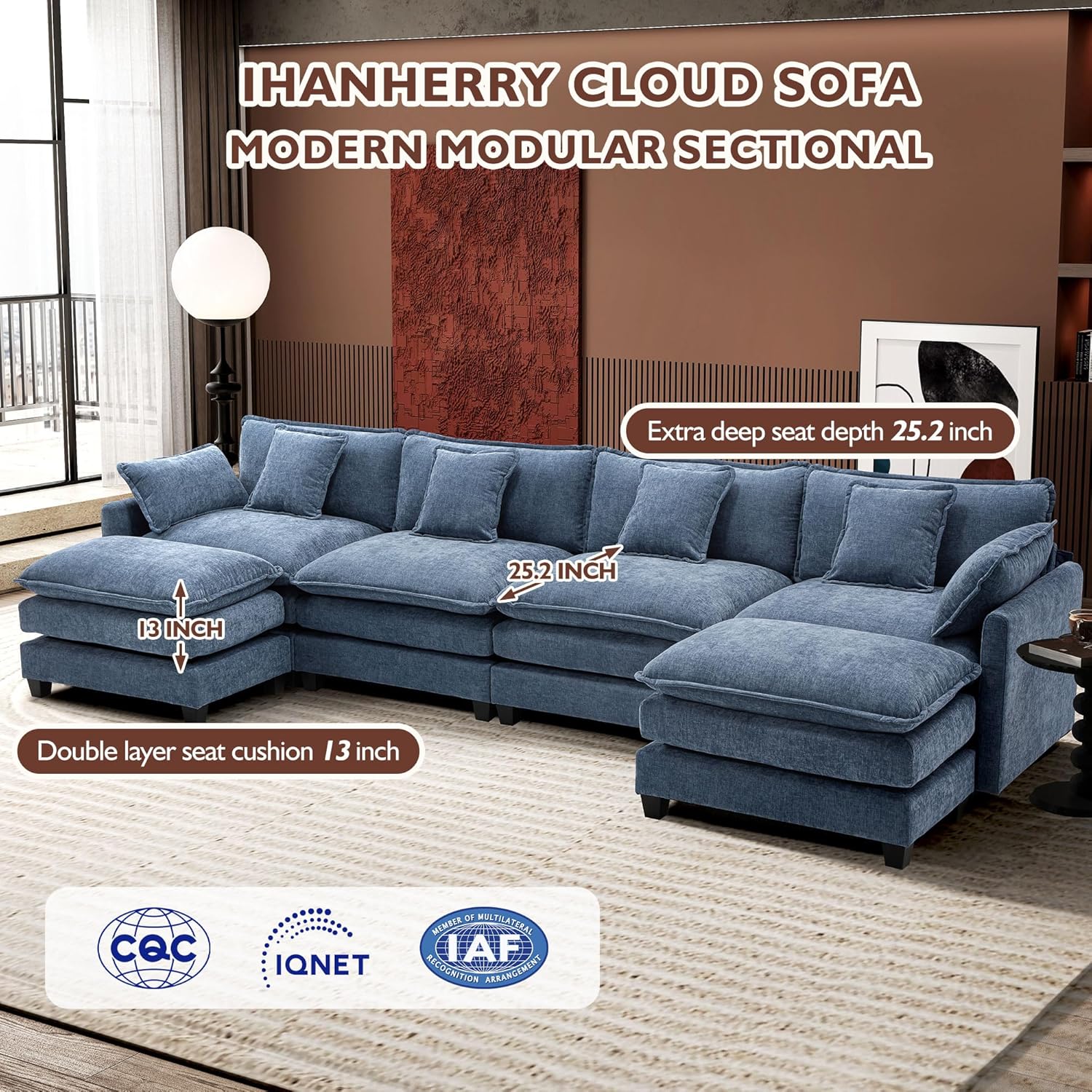 ihanherry 146-inch U-shaped modern sofa modular area cloud sofa