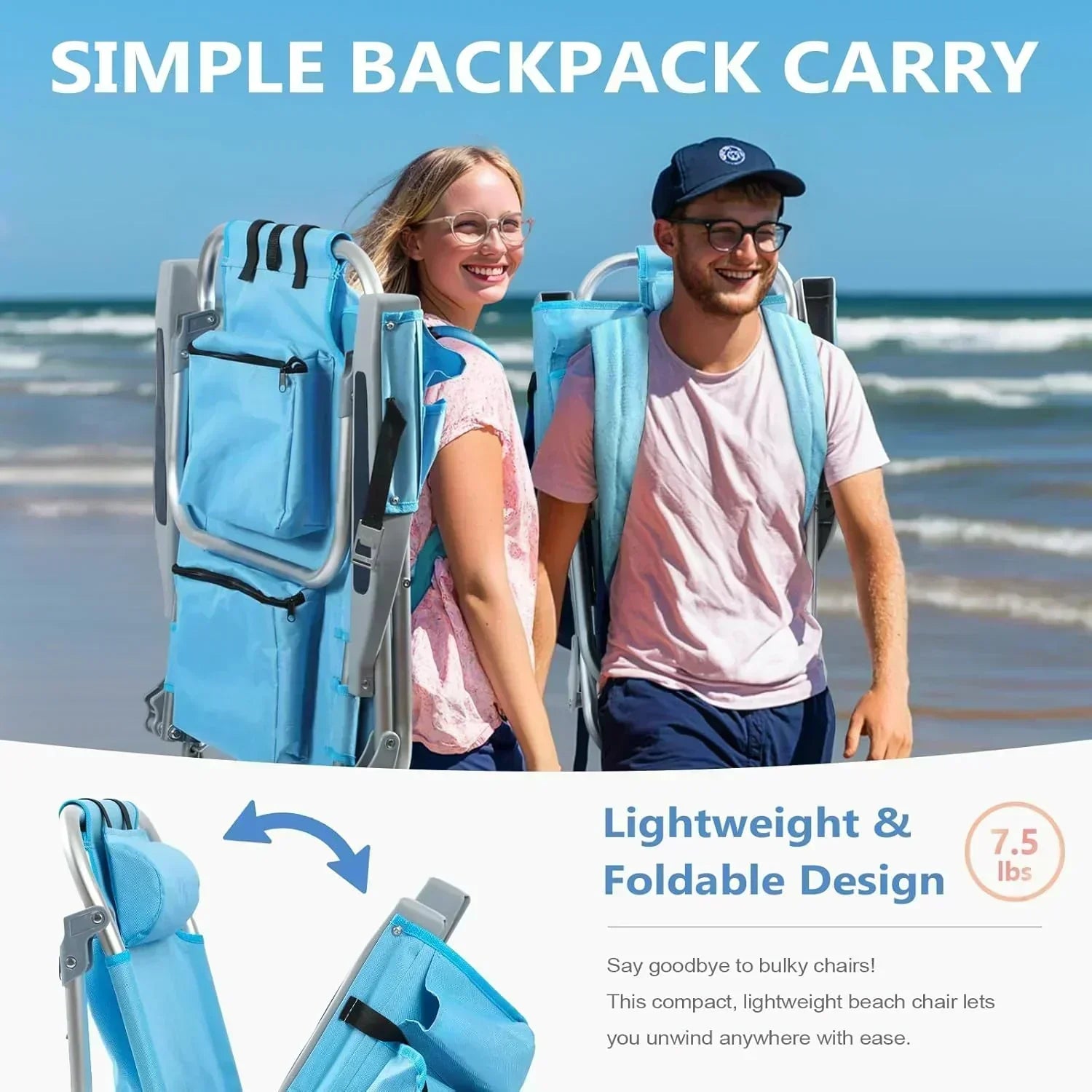 5-Position Aluminum Lay Flat Tall Backpack Beach Chairs 2 Pack Compact Portable Beach Chairs