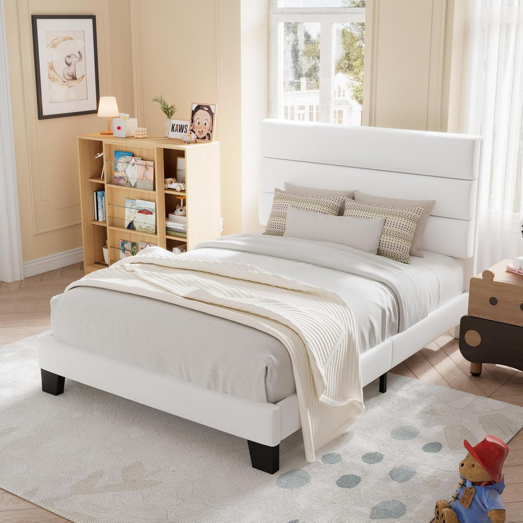 Allewie King size platform bed frame with velvet upholstered headboard and planks