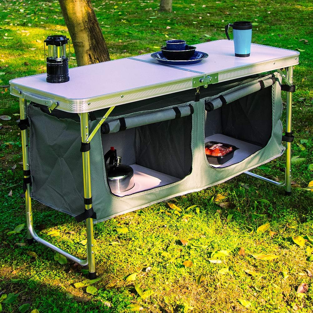 Outdoor Folding Table Aluminum Lightweight Height Adjustable with Storage Organizer