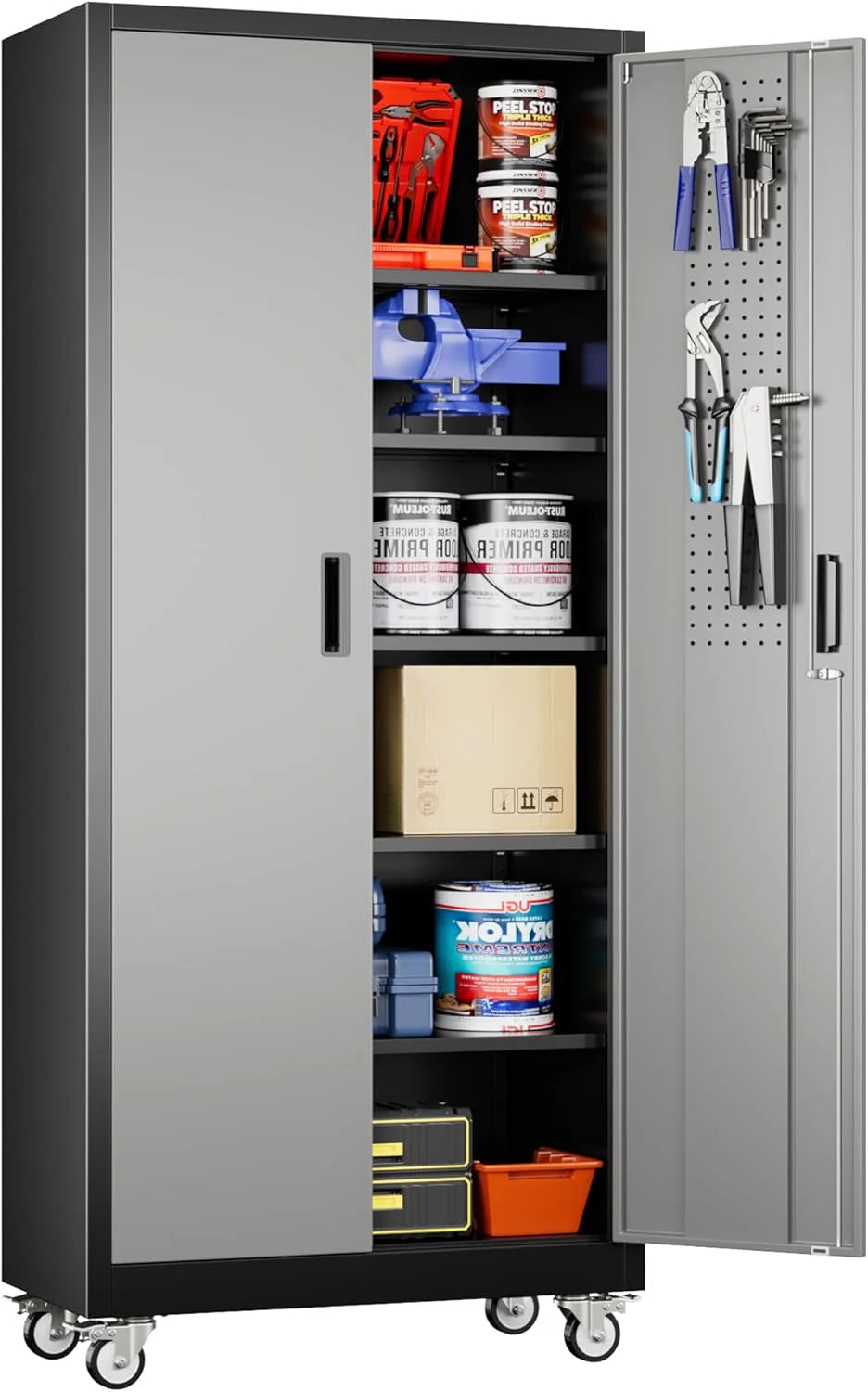 Aobabo 73''H Metal Garage Storage Cabinet with Wheels,Steel Cabinets with 2 Doors and 4 Adjustable Shelves for Home Office,Required Assembly,Black