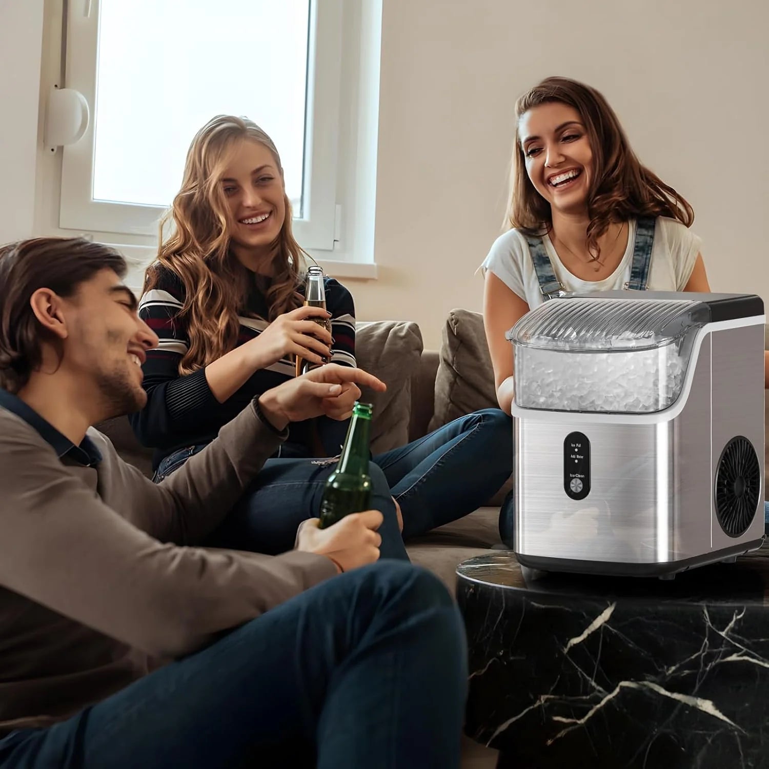 Nugget Ice Makers Countertop, Pebble Ice Machine with Chewable Pellet Ice, 34Lbs/24H, Self-Cleaning, Sonic Ice, One-Click Operation, for Kitchen,Office Stainless Steel Silver