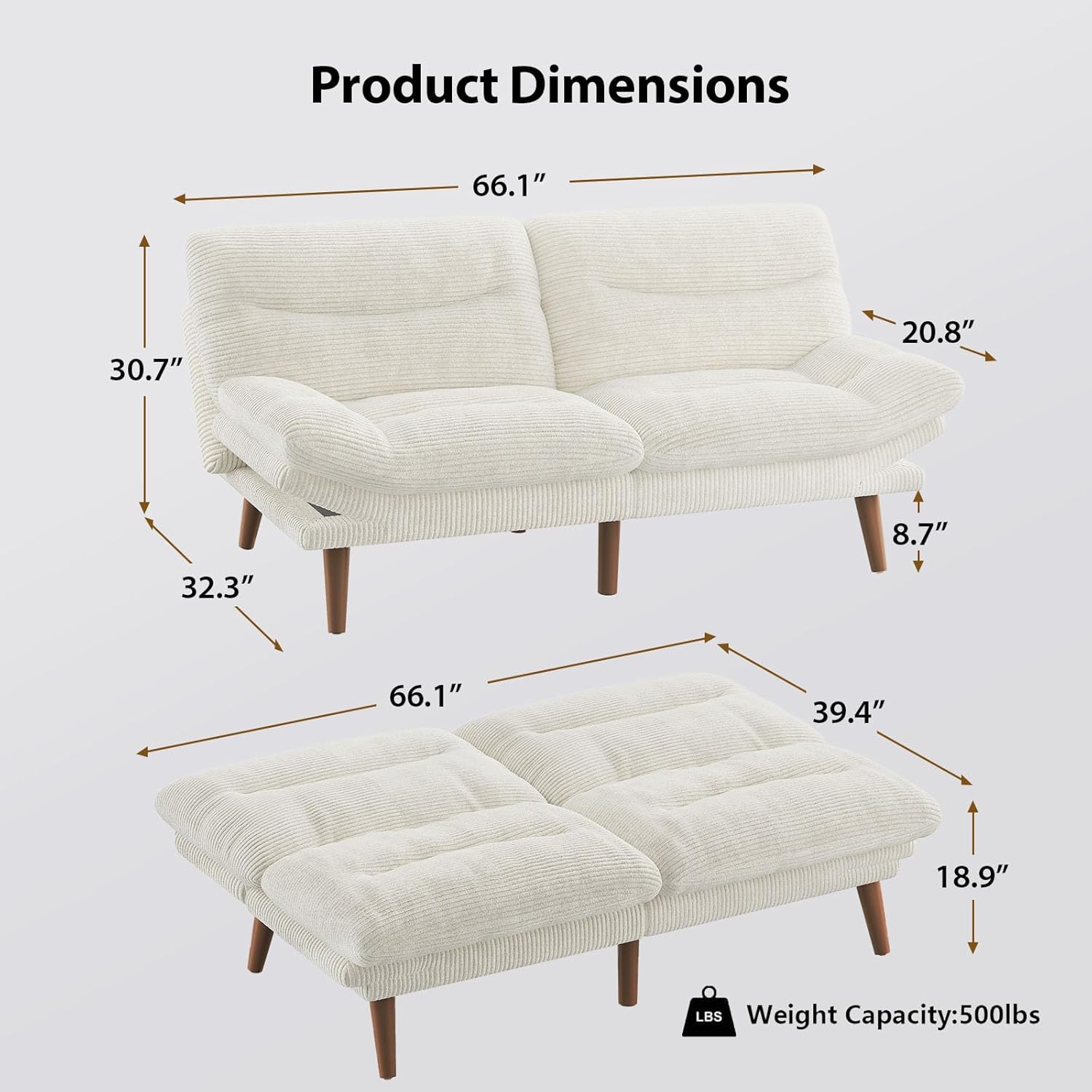 Convertible Futon Sofa Bed 66 Inch Corduroy Futon Sofa Recliner Sofa Bed for Small Spaces