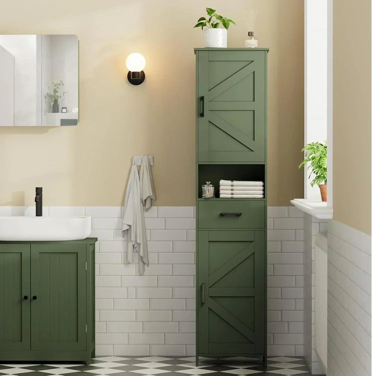Homhedy 67 H Tall Bathroom Storage Cabinet with 2 Barn Doors and 1 Drawer Narrow Storage Unit