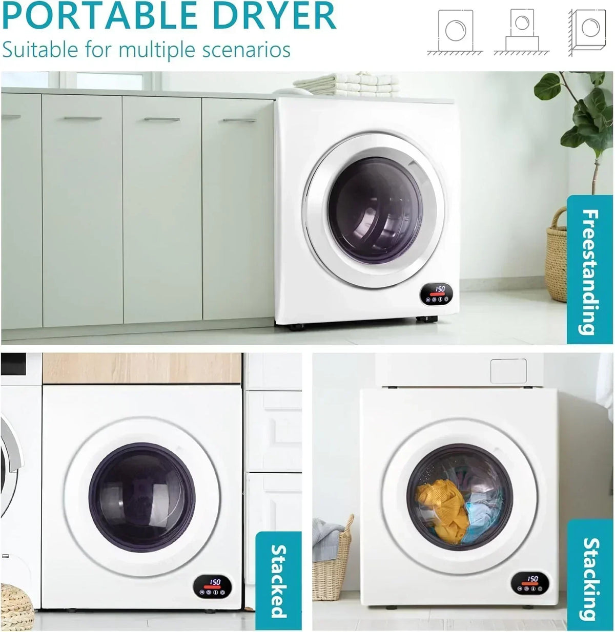 Compact Laundry Dryer 3.5 cu ft Front Load Stainless Steel Clothes Dryers With Exhaust Pipe