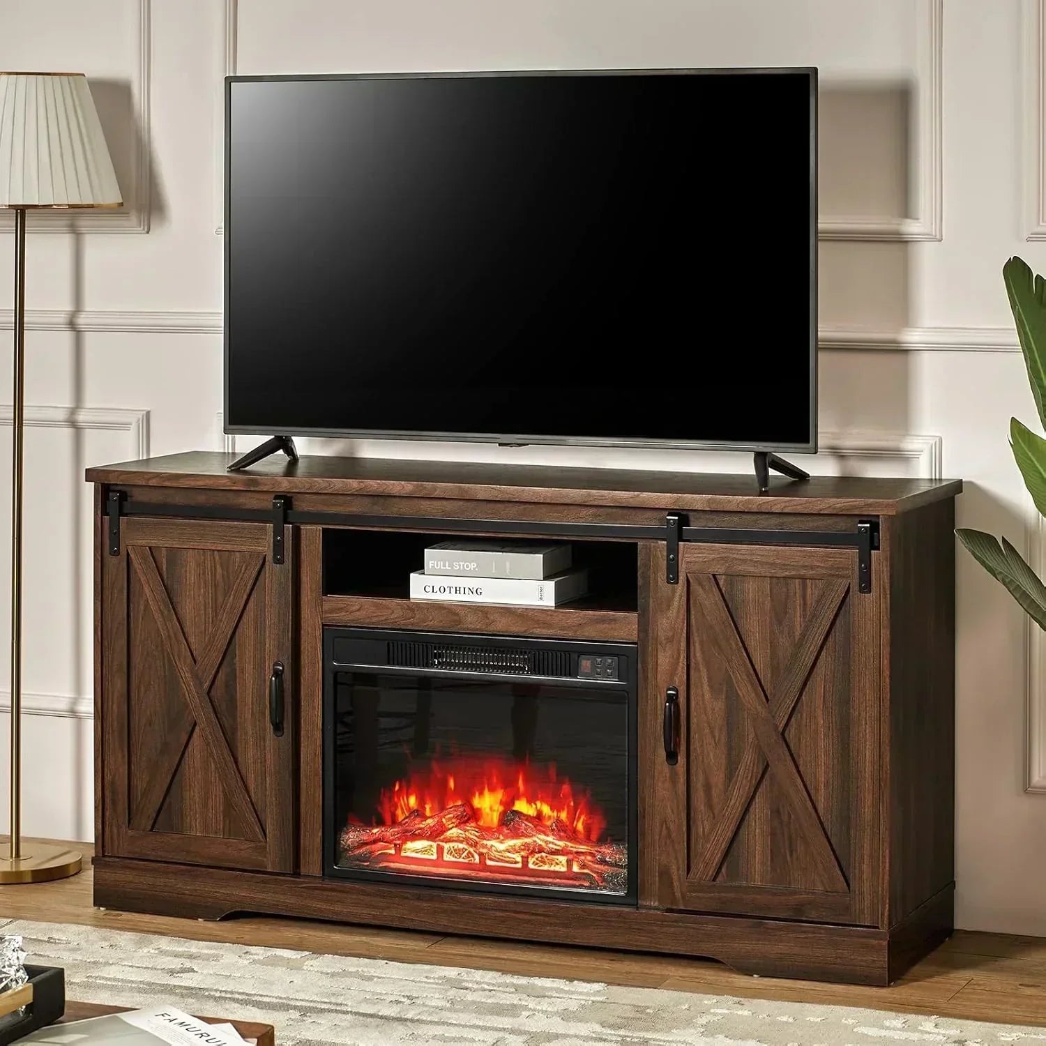 AMERLIFE Fireplace TV Stand with Sliding Barn Door  Farmhouse 63 Fireplace Entertainment Center