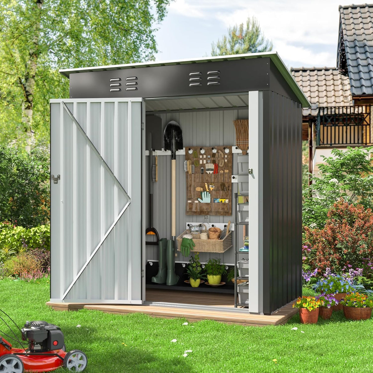 Polar Aurora 8 x 12 FT Outdoor Storage Shed, Metal Garden Shed with Updated Frame Structure, Tool Sheds for Backyard Garden Patio Lawn Black