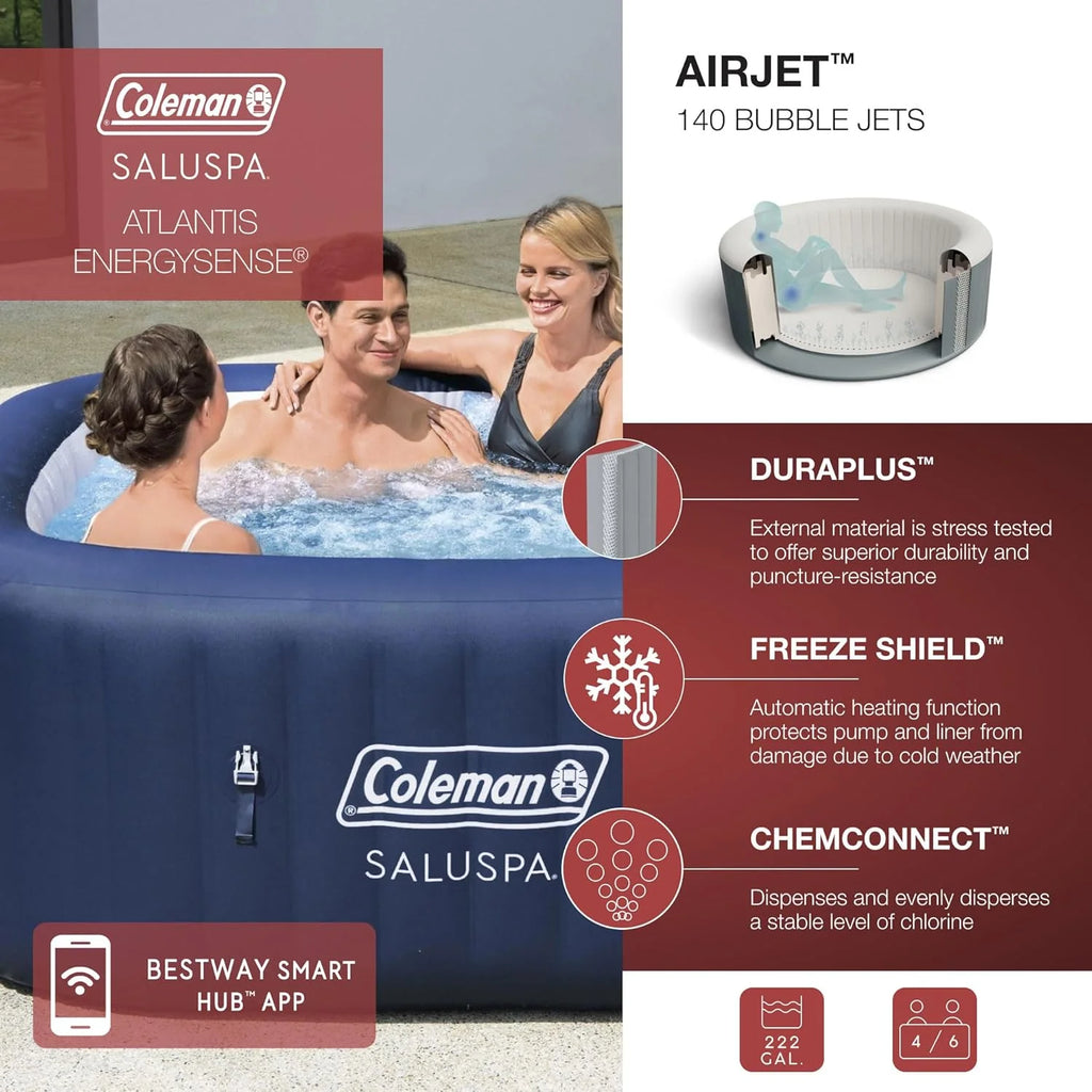 Coleman SaluSpa Atlantis AirJet 4 to 6 Person Inflatable Hot Tub Square Portable Outdoor Spa with 140 Soothing Jets with Cover, Blue