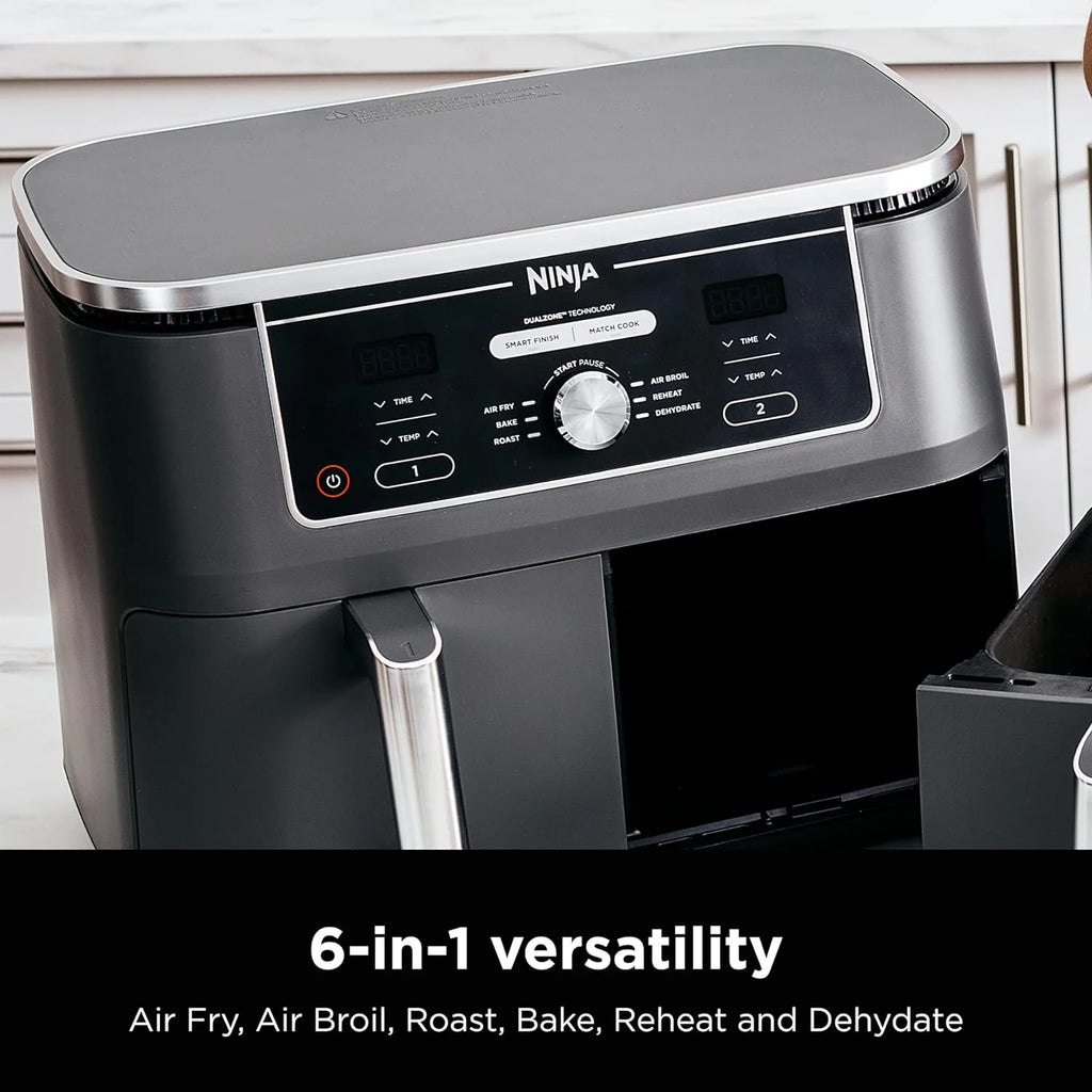 Ninja Foodi 10QT 6-in-1 DualZone Smart XL Air Fryer, 2 Independent 5QT Baskets, Smart Cook Thermometer, Match Cook, Smart Finish, Air Fry, Roast, Bake, Dehydrate, Reheat, Grey, DZ550