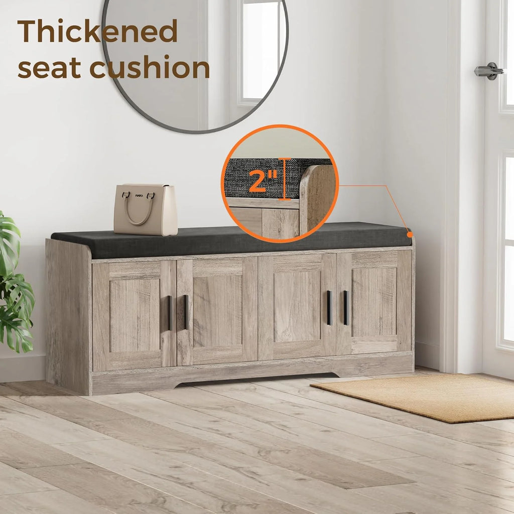 2-Tier Storage Bench, Shoe Bench with Thickened Padded Seat Cushion, Entryway Bench with 4 Doors, Adjustable Shelf