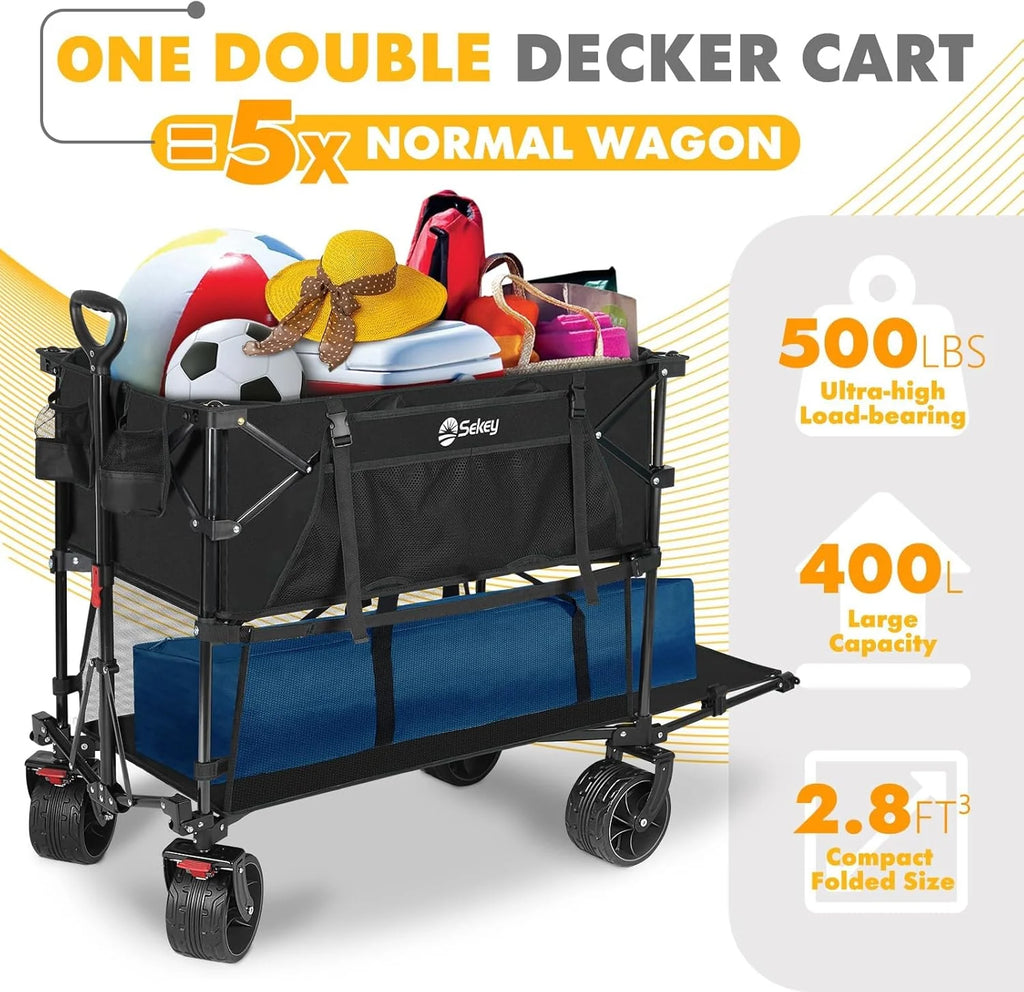 400L Large Capacity Folding Double Decker Wagon with Brakes, 50 Extra Long Extender Cart, 500lbs Heavy Duty Collapsible Wagons