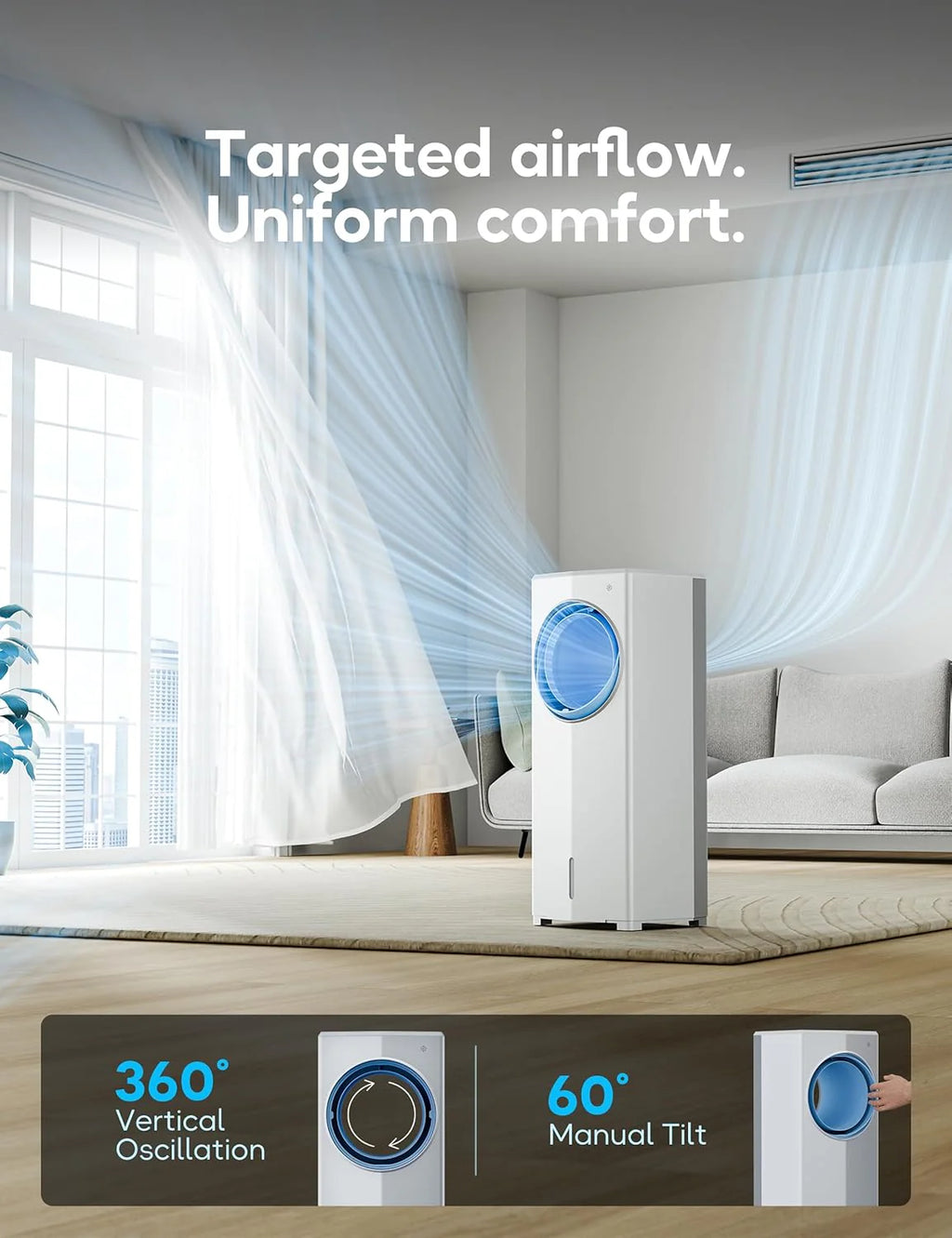 Windowless Portable Air Conditioner, 26.3 Small Evaporative Air Cooler for Room No Window, 3-Speed Settings, 4 Modes, 7H Timer, Remote Control, 4 Ice Packs, Quiet AC Unit for Bedroom