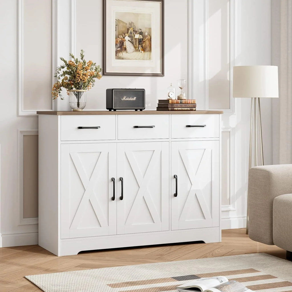 Modern farmhouse sideboard, barn door buffet storage cabinet with drawers and shelves, wooden coffee bar with storage