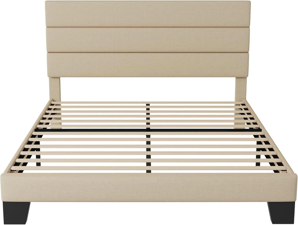 Allewie Queen Size Platform Bed Frame Fabric Upholstered Headboard Wooden Slats Support