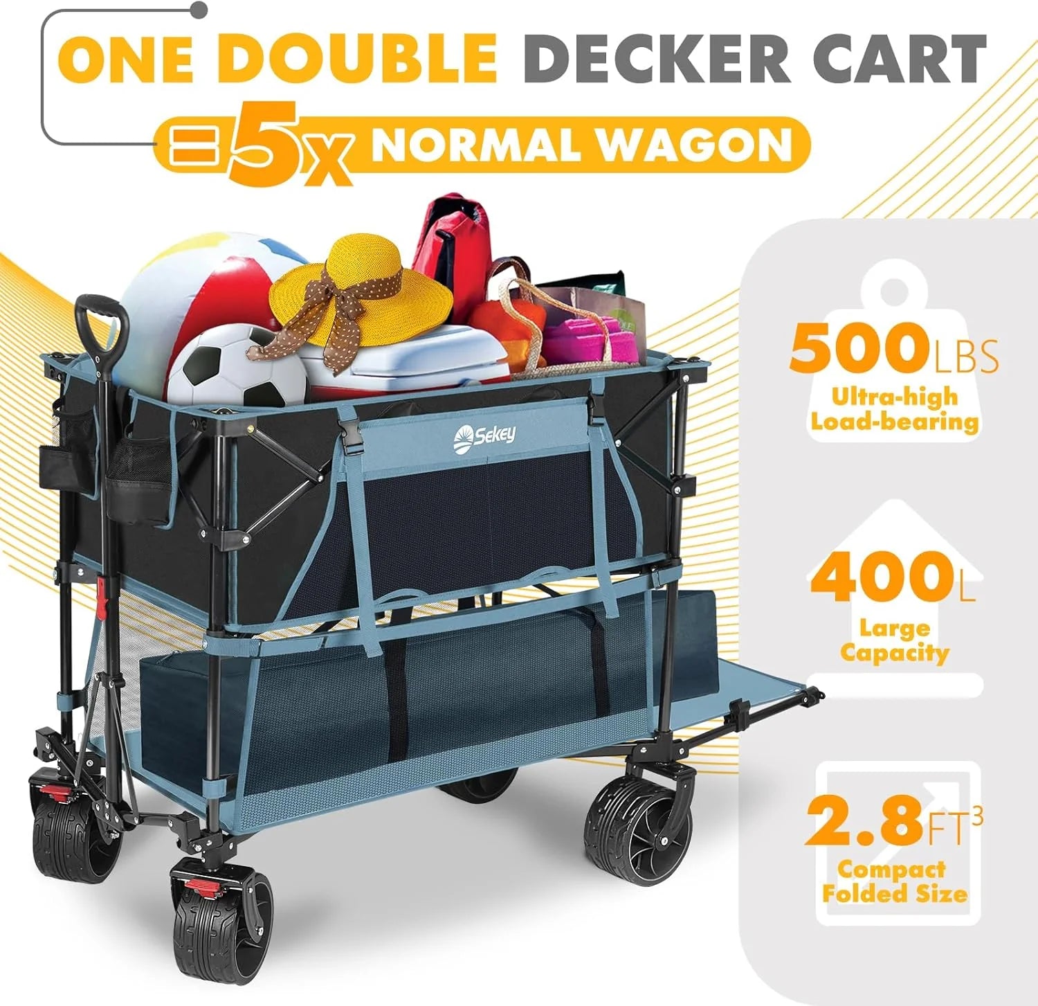 400L Large Capacity Folding Double Decker Wagon with Brakes, 50 Extra Long Extender Cart, 500lbs Heavy Duty Collapsible Wagons