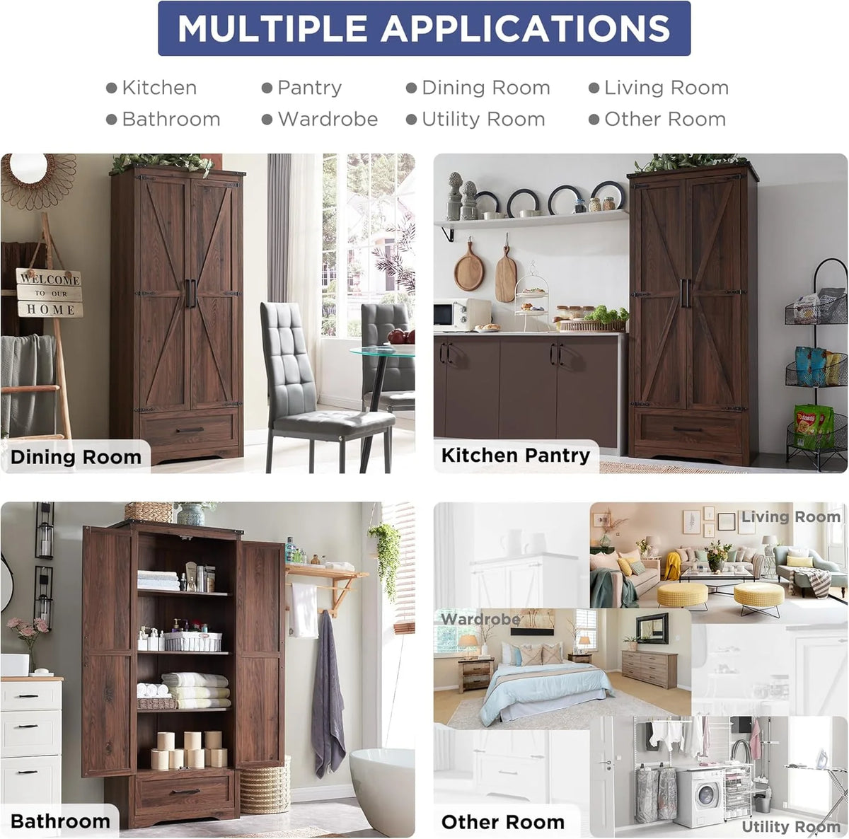 JXQTLINGMU Farmhouse Kitchen Pantry - 72 Tall Wood Kitchen Storage Cabinet with Adjustable Shelves and 2 Barn-Style Doors and Drawers