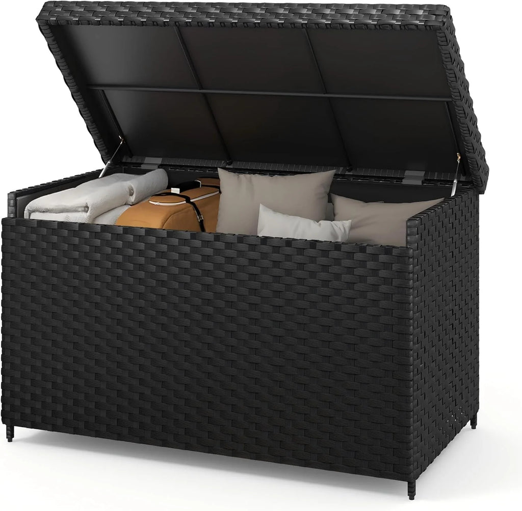 DWVO 70Gal Outdoor Storage Bench with Cushion & Composite Wood Backrest, All-Weather Wicker Deck Bench with Rustproof Bag, Poolside, Patio, Garden (Sand Beige)