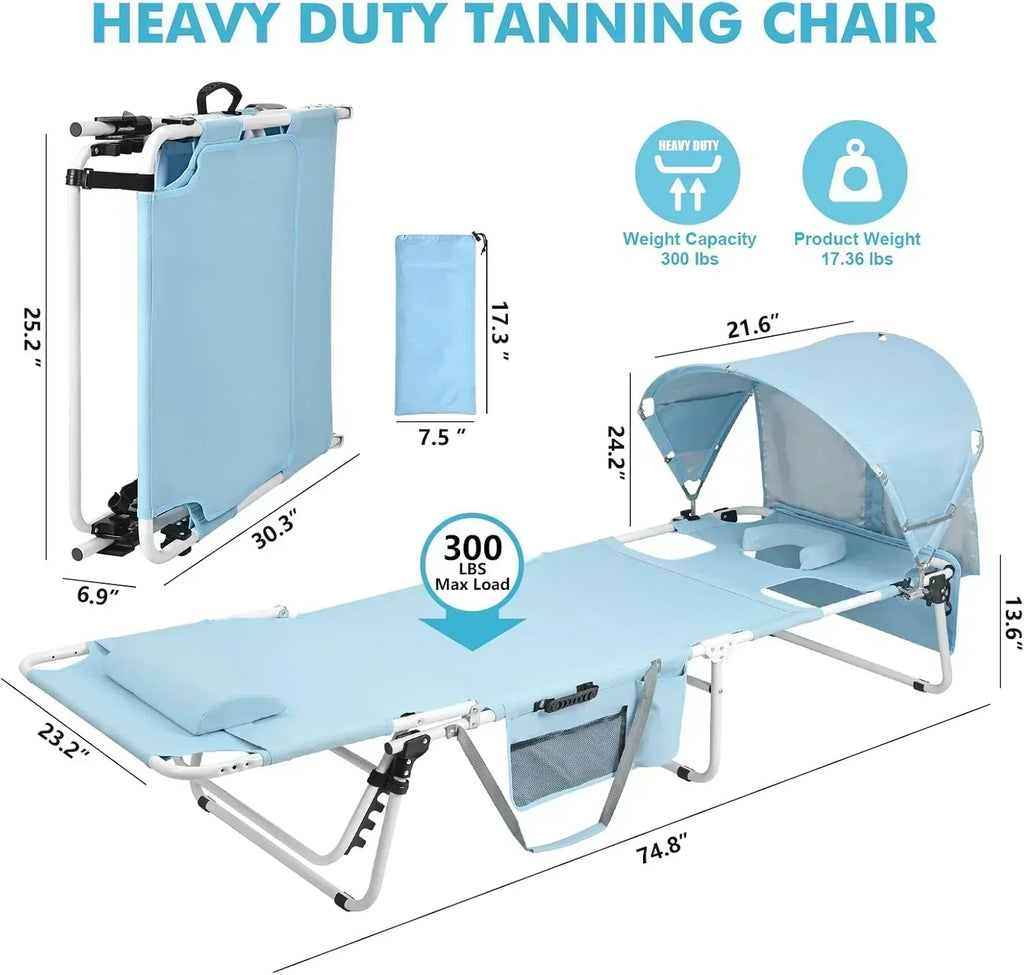 Tanning Chair with Sun Canopy Face Hole Folding Chaise Lounge Chair 5 Position Reclining