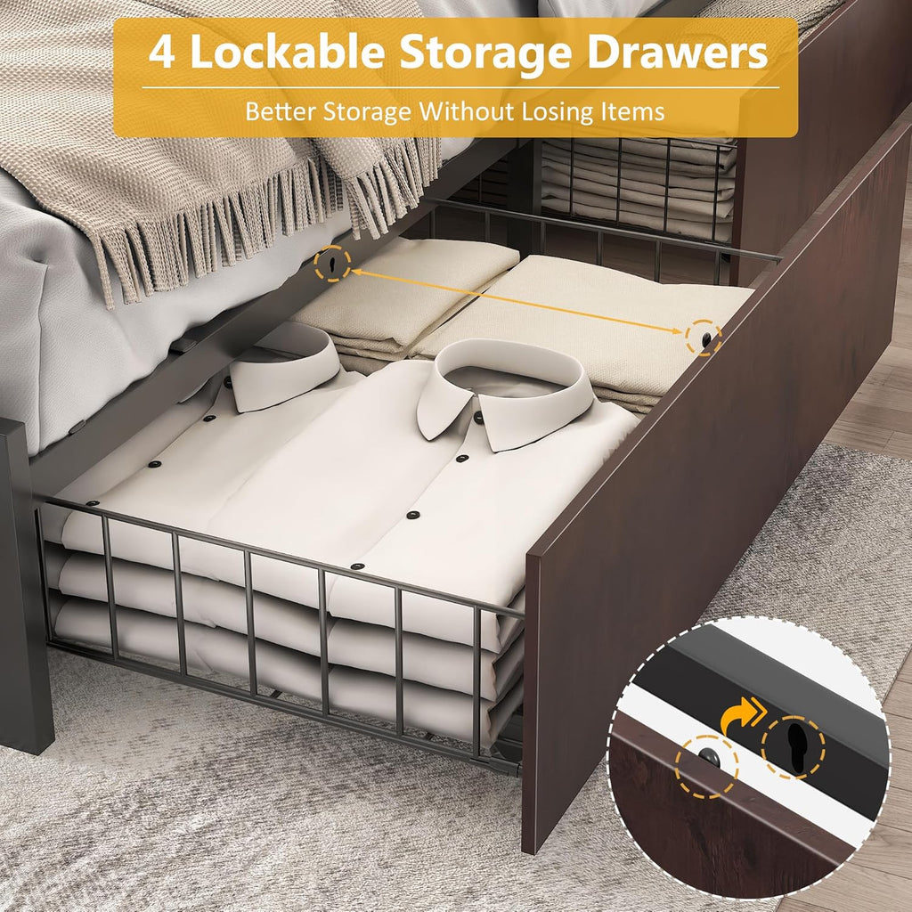 Lifezone Queen Bed Frame 2-Tier Storage Headboard Metal Platform Bed Frame 4 Storage Drawers