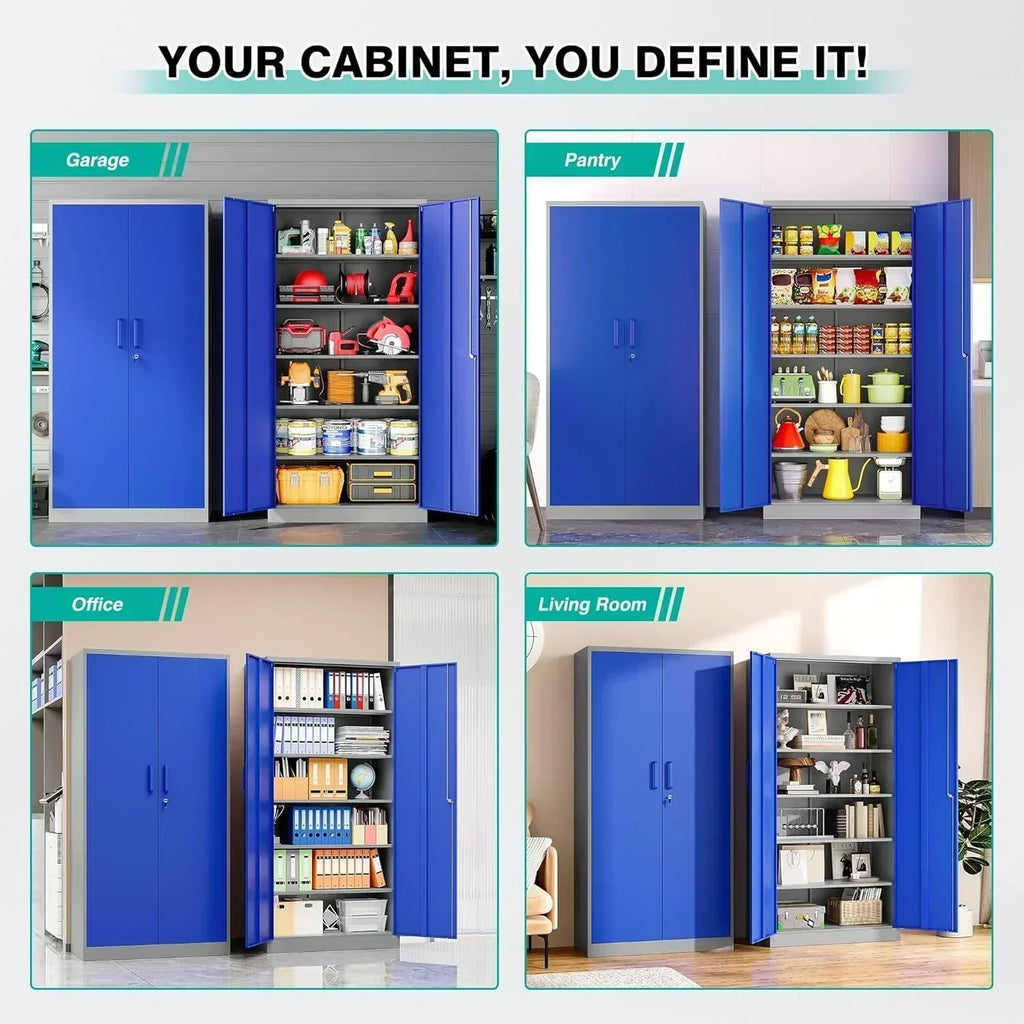 Metal Storage Cabinet with 2 Doors and 6 Shelves Black Metal Cabinet Garage Storage Cabinet