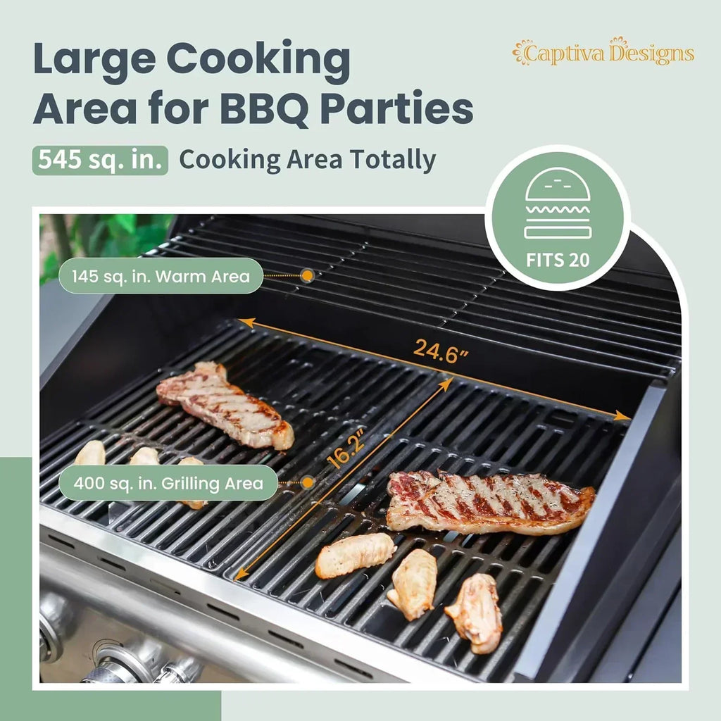 Captiva Designs 4-Burner Propane Gas BBQ Grill Side Burner Porcelain-Enameled Cast Iron Grates