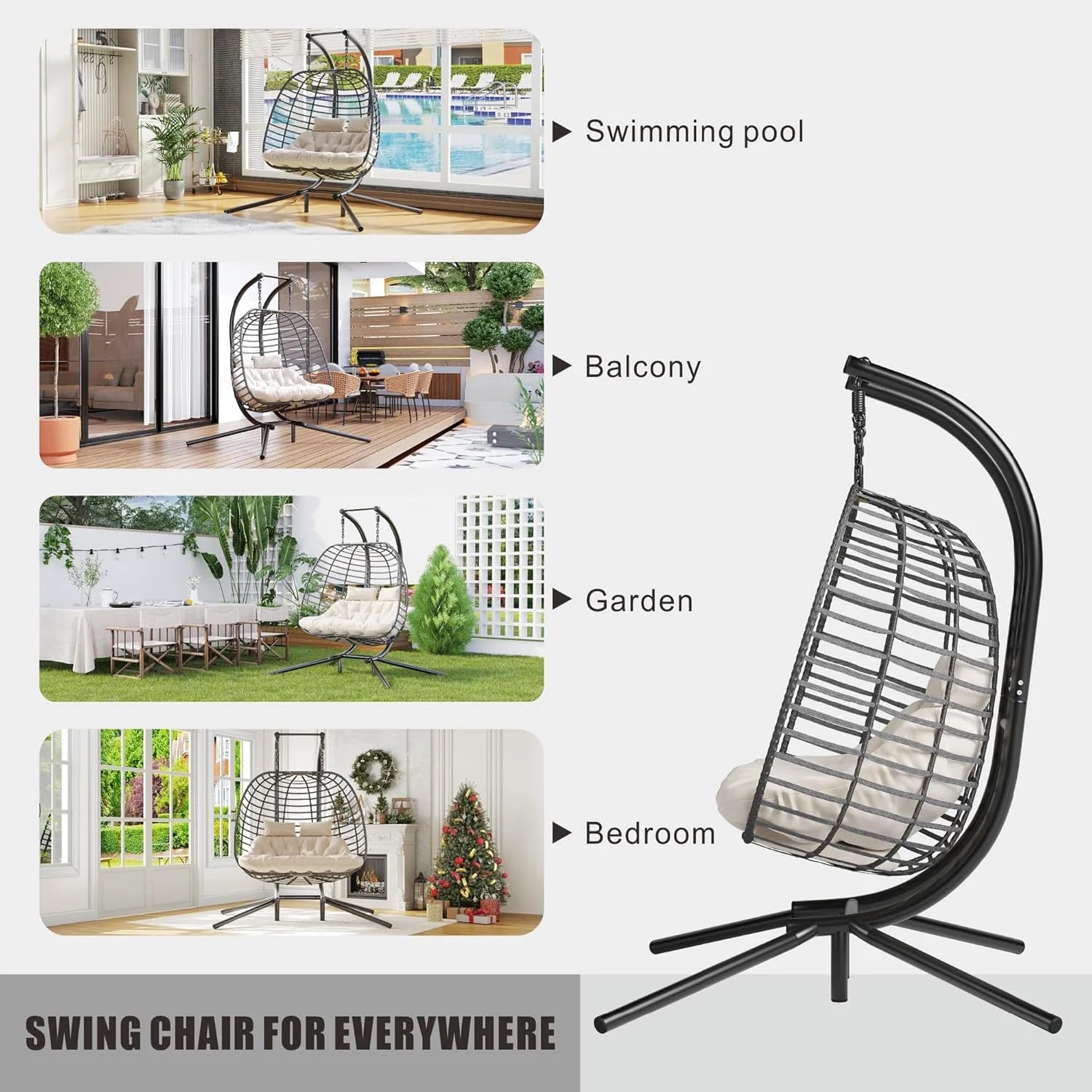 HWB Hanging Egg Chair Patio Wicker Hammock Egg Swing Chair with Cushion for Bedroom