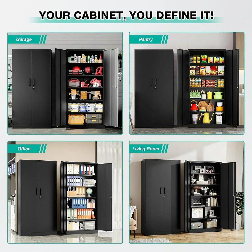Metal Storage Cabinet with 2 Doors and 6 Shelves Black Metal Cabinet Garage Storage Cabinet