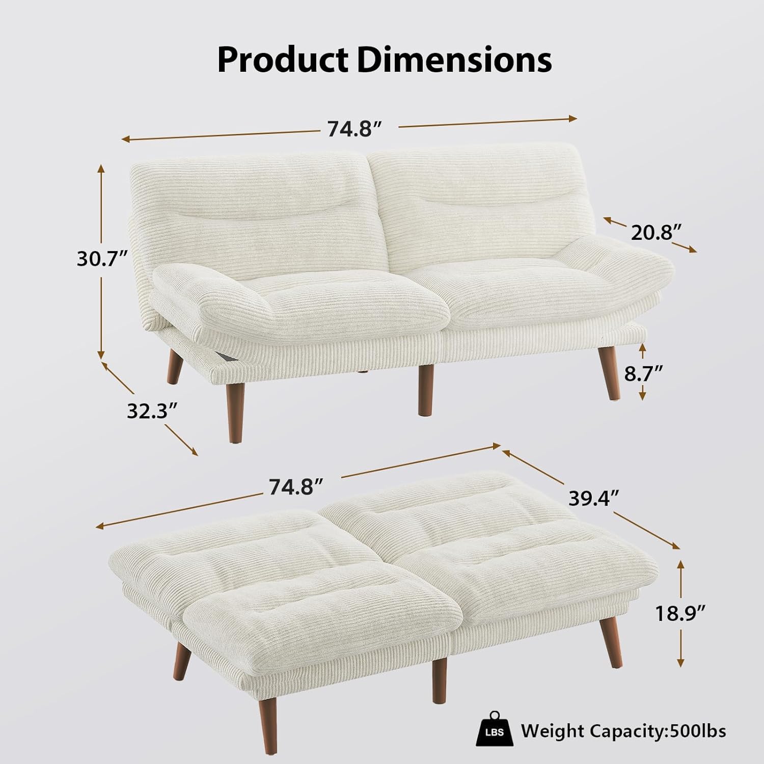 Pipishell Convertible Futon Sofa Bed,66 Corduroy Futon Couch with Adjustable Backrest and Armrests, Recliner Sleeper Sofa for Small Spaces, Play Room or Office, Grey