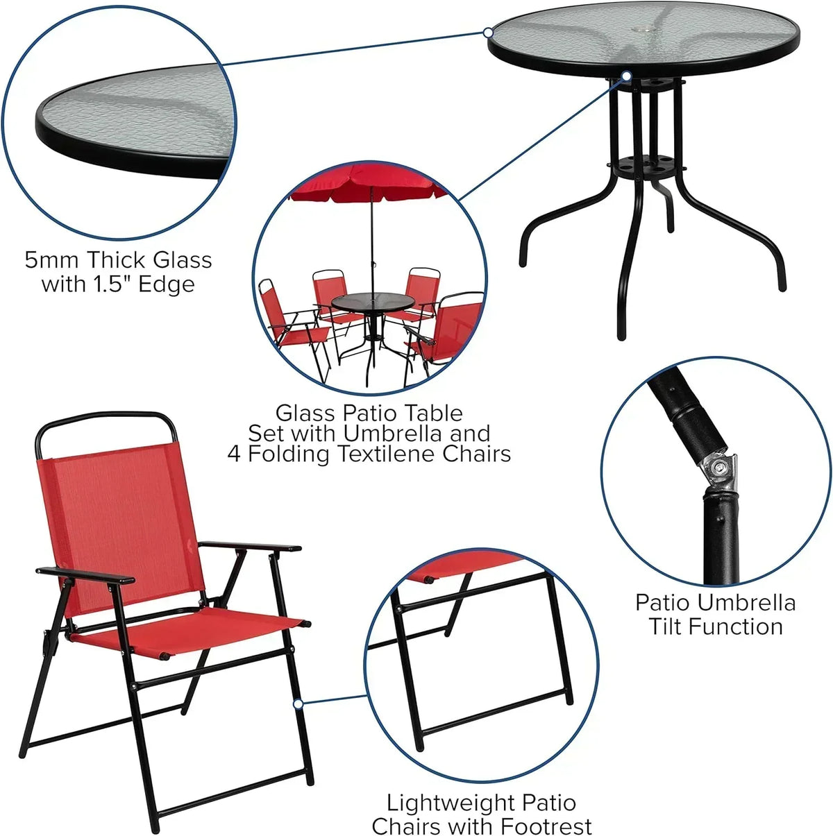 EMMA + OLIVER 6 Piece Brown Patio Garden Set with Umbrella Table Set of 4 Folding Chairs