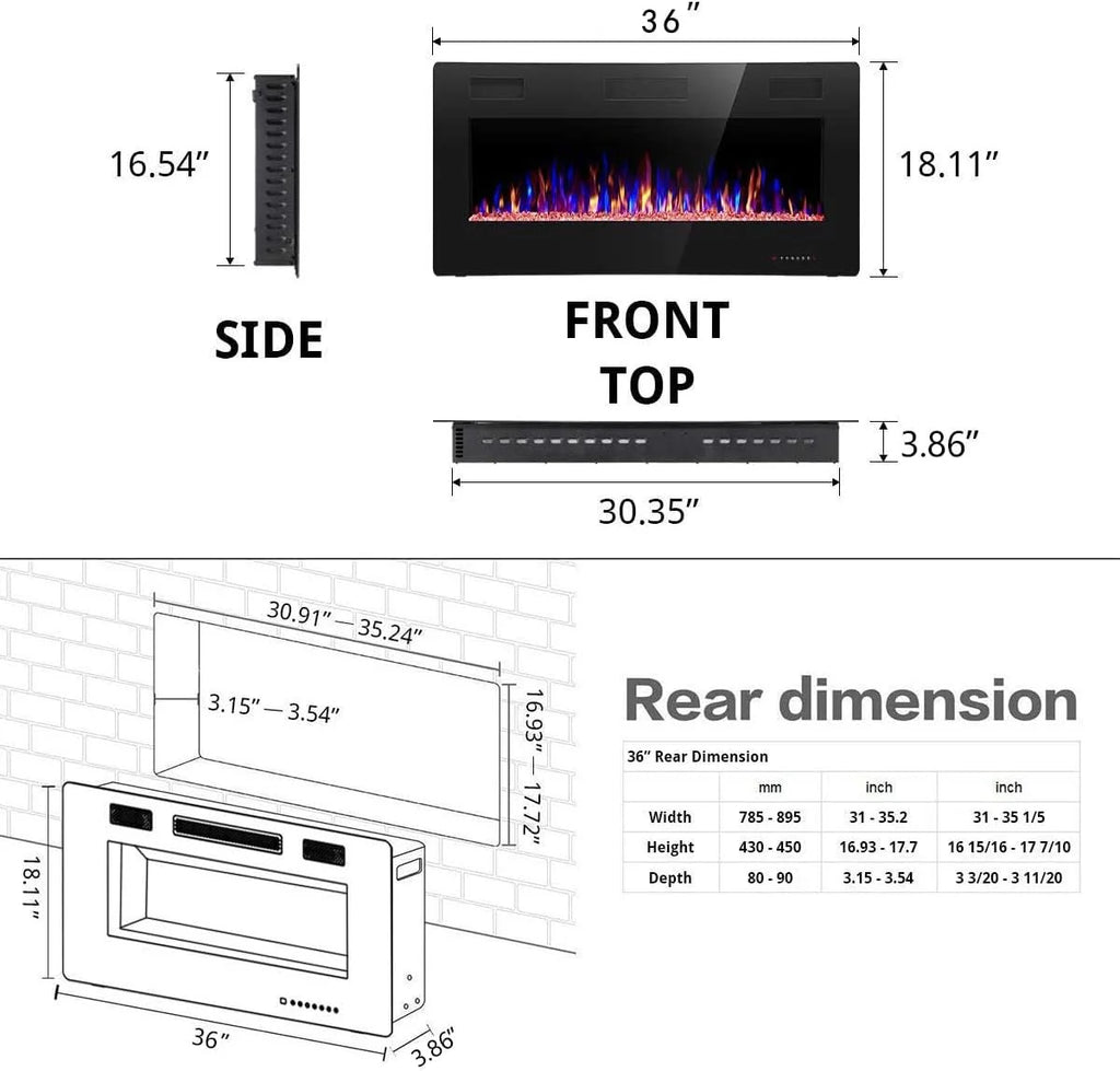 R.W.FLAME 60 Recessed and Wall Mounted Electric Fireplace, Low Noise, Fit for 2 x 6 Stud, Remote Control with Timer, Touch Screen, Adjustable Flame Color and Speed, 750-1500W