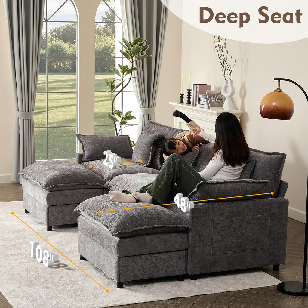 108 Inch U Shape Sofa Sectional Sofa Comfortable Cloud Sofa with Removable Footstool