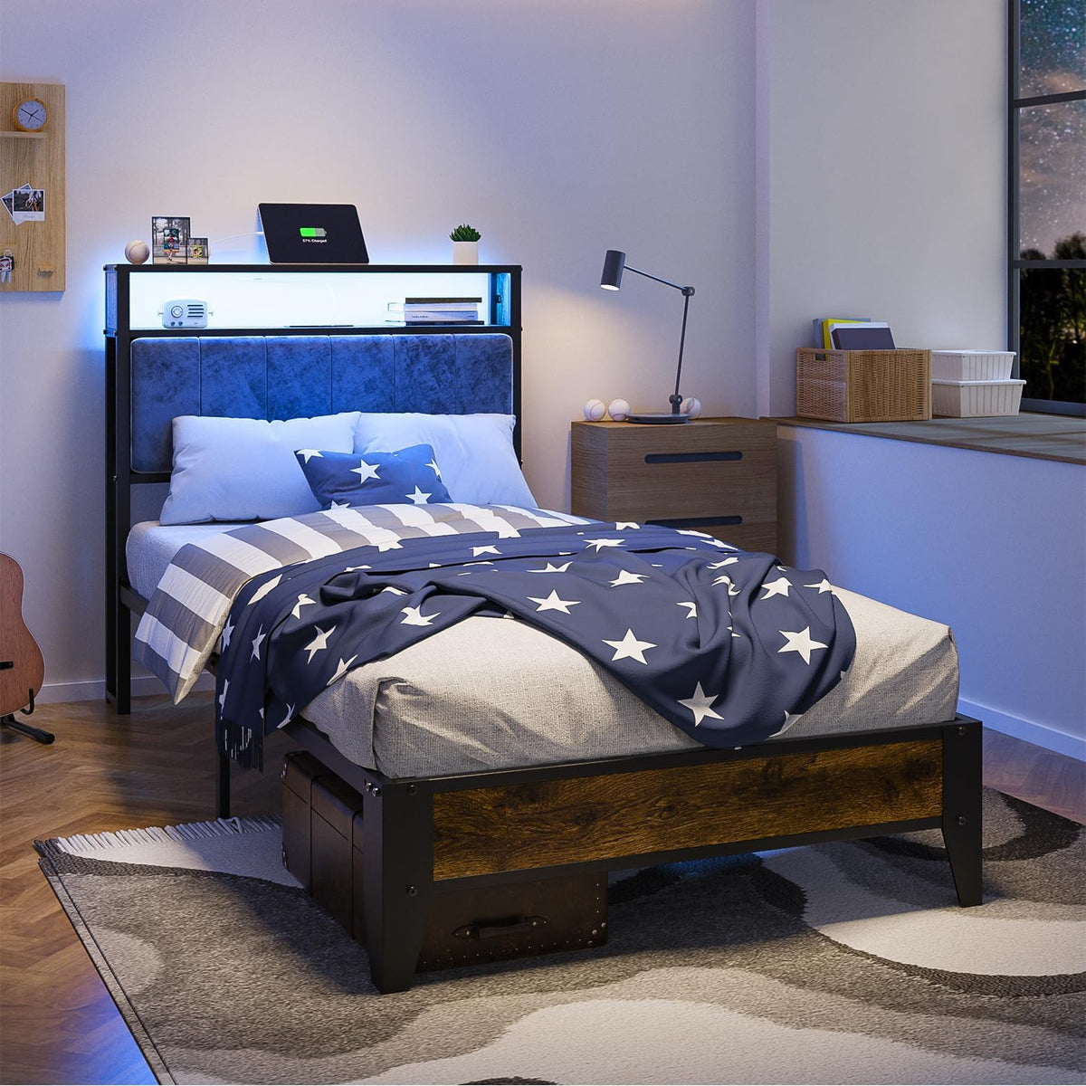OLEVS Single Bed Frame LED Light Storage Headboard Charging Station Metal Platform Bed