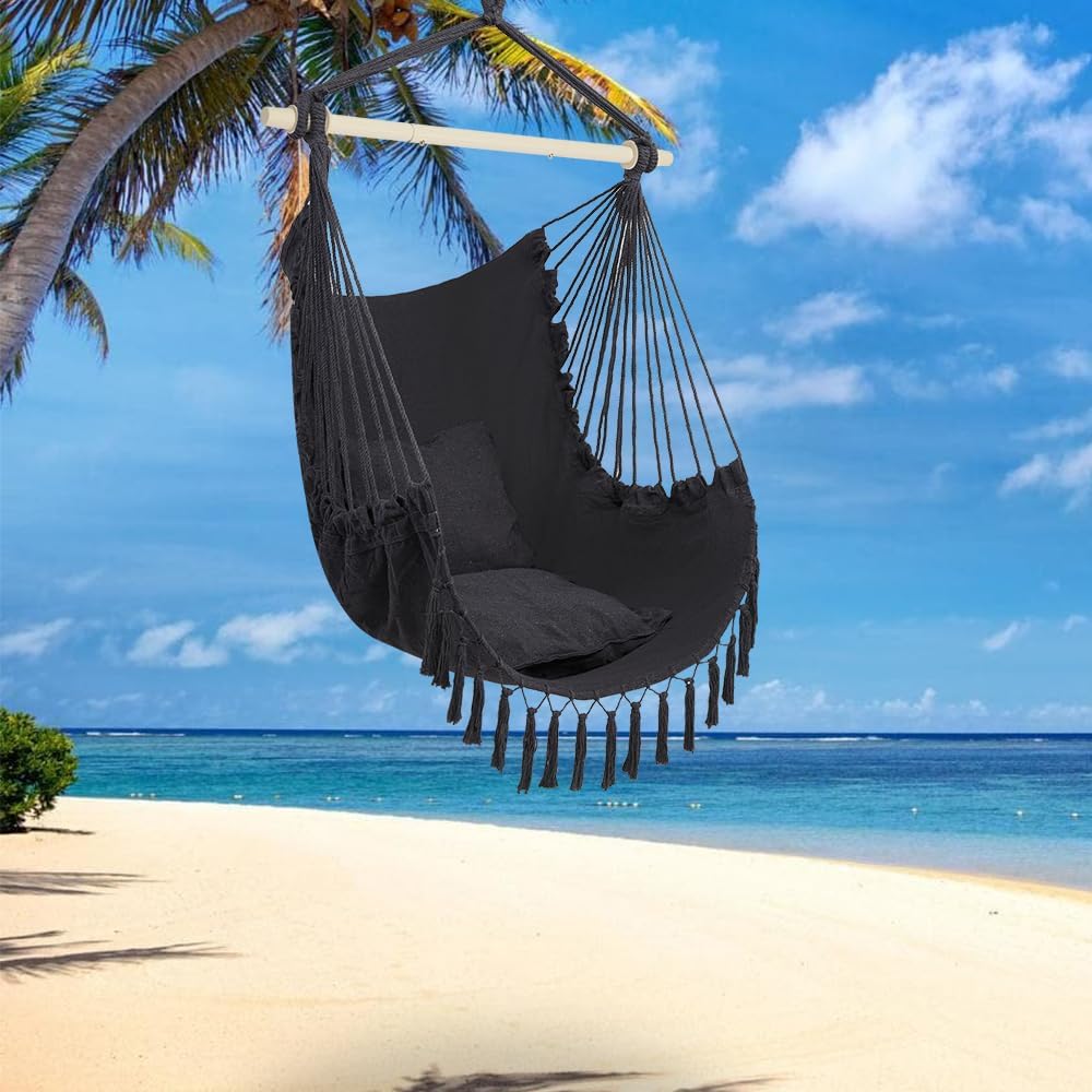 ONCLOUD Hammock Chair Hanging Rope Swing, Load Capacity Up to 550 LBS Macrame Hammock Swing Seat with Two Cushions, Hammock Seats with Portable Steel Spreader Bar for Indoor/Outdoor, Black