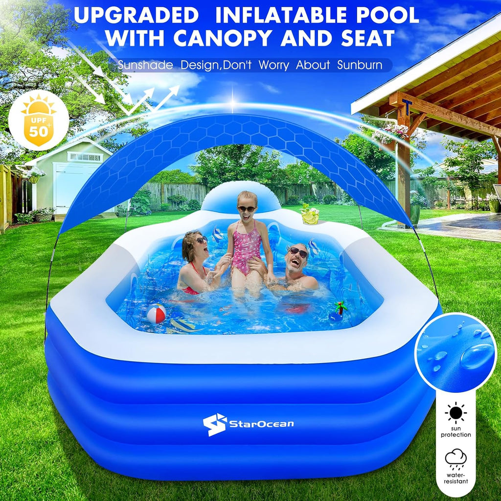 Inflatable Pool with Canopy, Large Inflatable Swimming Pool for Kids,Adult, Blow Up Pools with Seats,Backrest.Durable Thickened Inflatable Family Pools for Backyard,118x75x22-Dark Blue