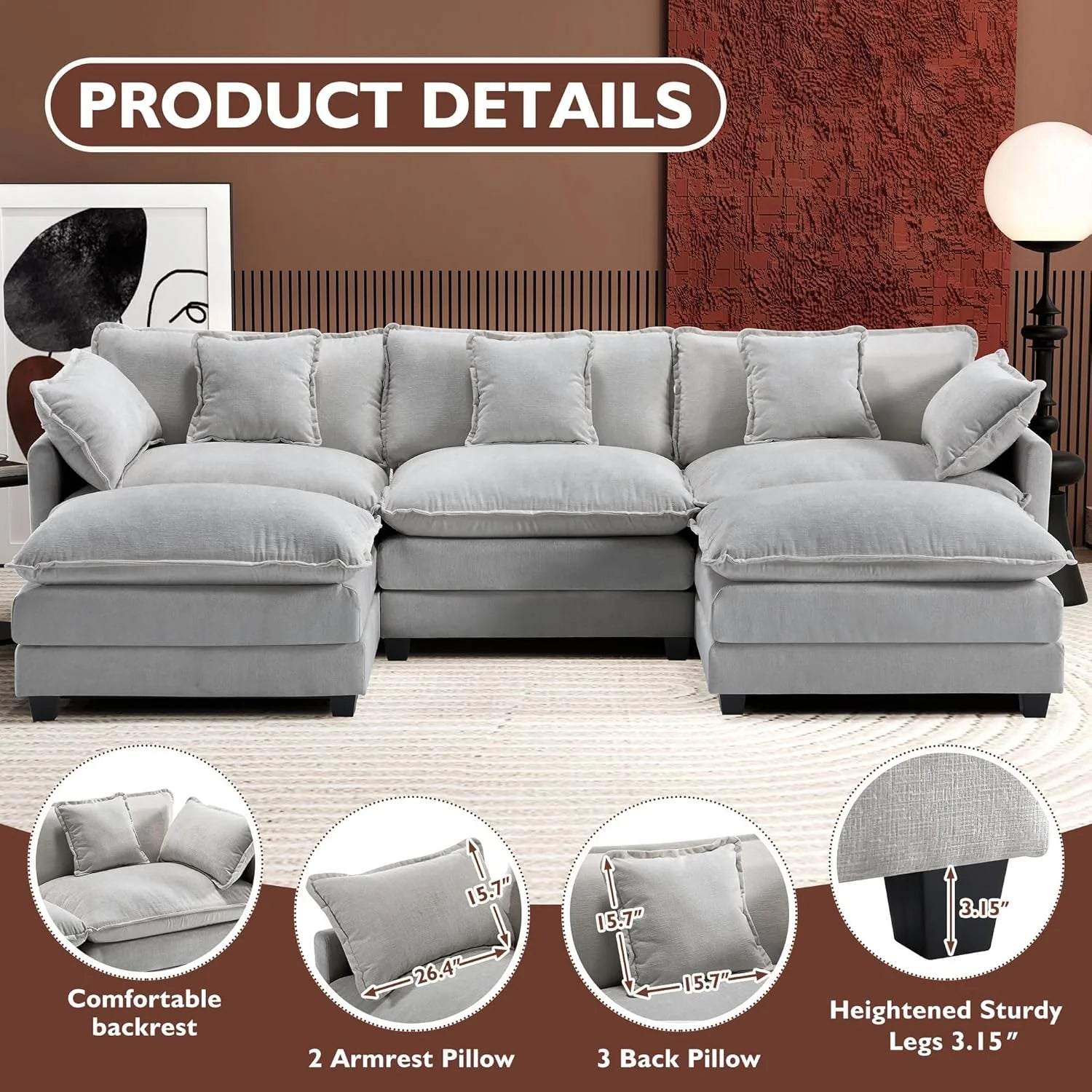 111.4 Inch L-Shaped Modern Sofa Modular Cloud Sofa Ottoman 4-Seater Chenille Deep Seat Sofa