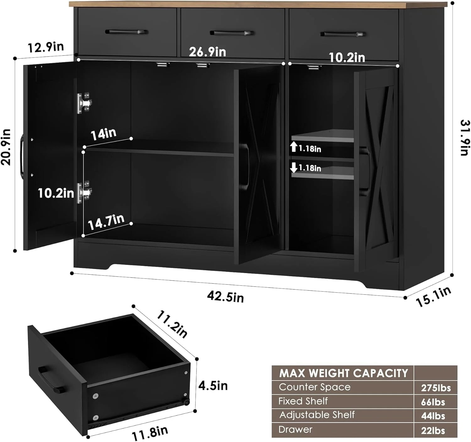 Modern farmhouse sideboard, barn door buffet storage cabinet with drawers and shelves, wooden coffee bar with storage