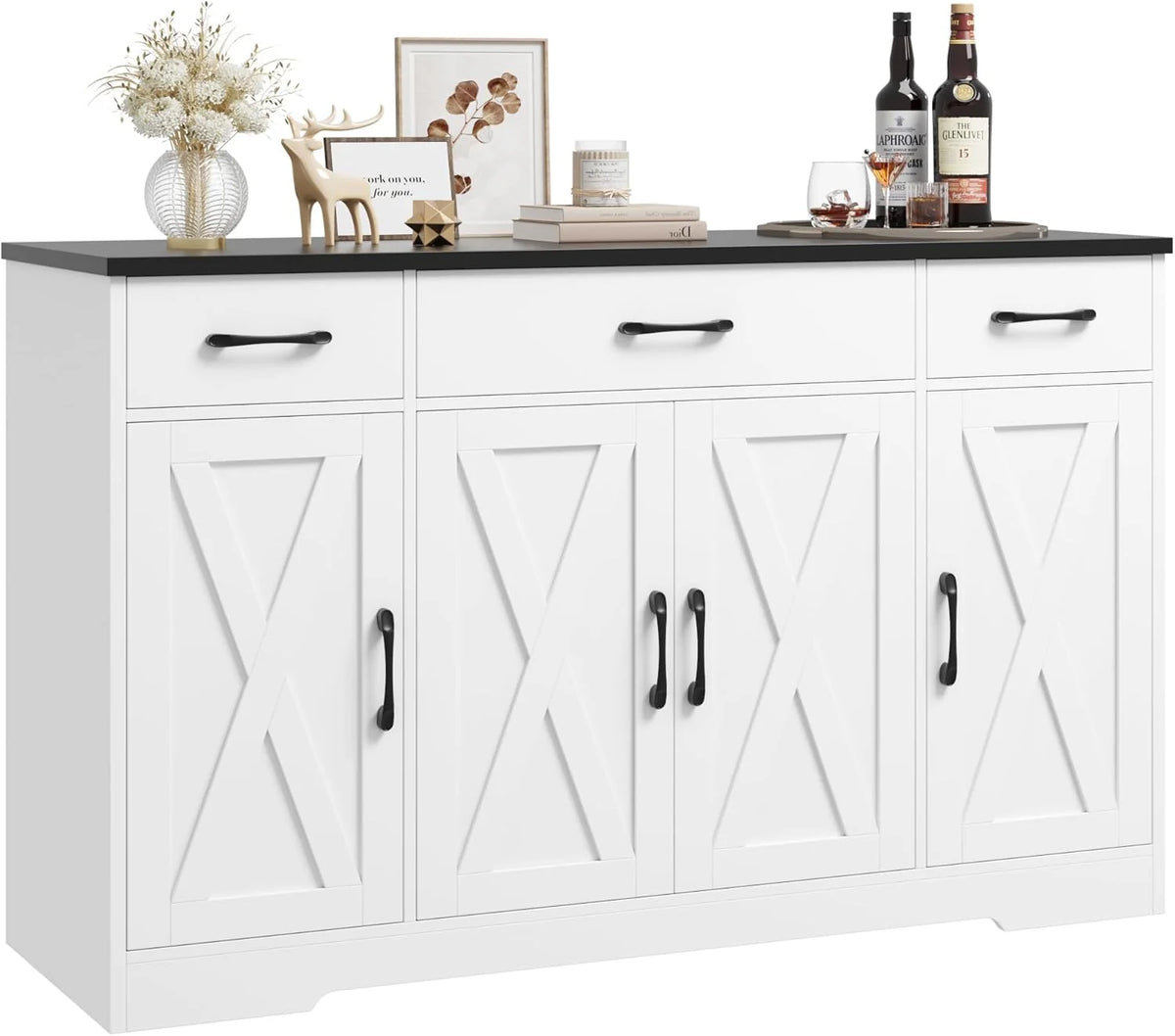 HOSTACK Buffet Cabinet with Drawers, 55 Large Sideboard Buffet Storage Cabinet with Shelves and Doors, Modern Farmhouse Coffee Bar Station Wood Kitchen Table for Kitchen, Dining Room, White/Rustic