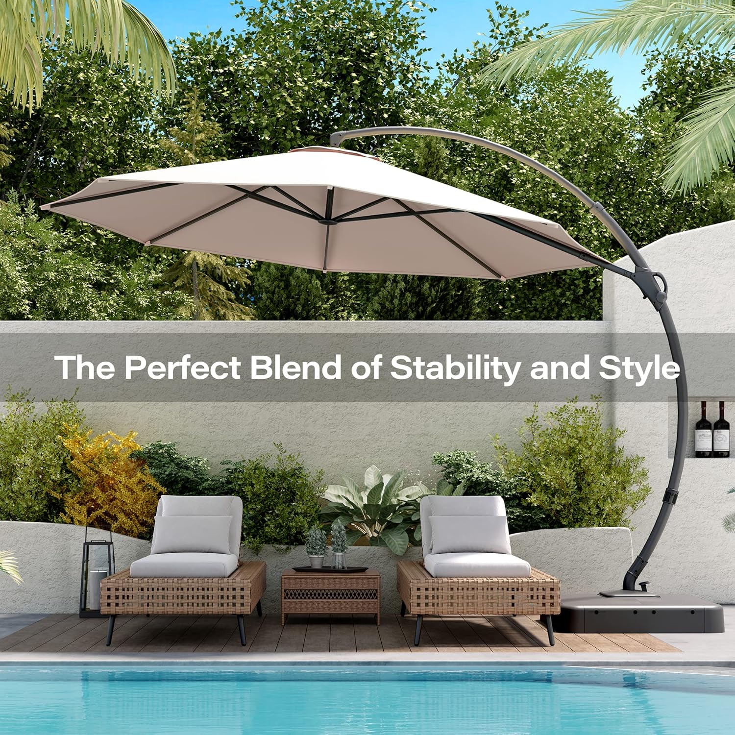 LAUSAINT HOME Outdoor Patio Umbrella with Base included, 11 FT Deluxe Curvy Cantilever Umbrella Heavy Duty Offset Hanging Umbrella with 360° Rotation for Market, Pool, Garden, Backyard, Deck (Beige)