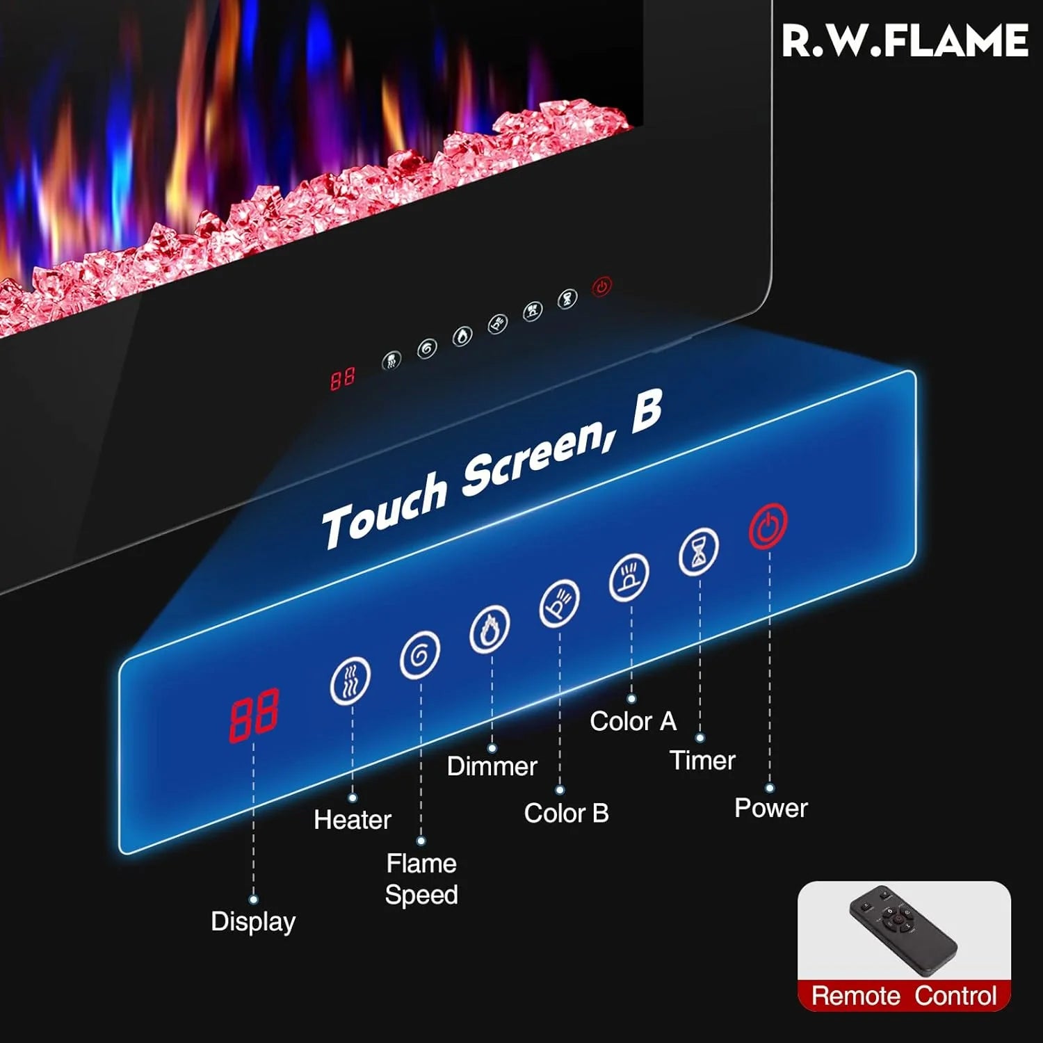 R.W.FLAME 60 Recessed and Wall Mounted Electric Fireplace, Low Noise, Fit for 2 x 6 Stud, Remote Control with Timer, Touch Screen, Adjustable Flame Color and Speed, 750-1500W