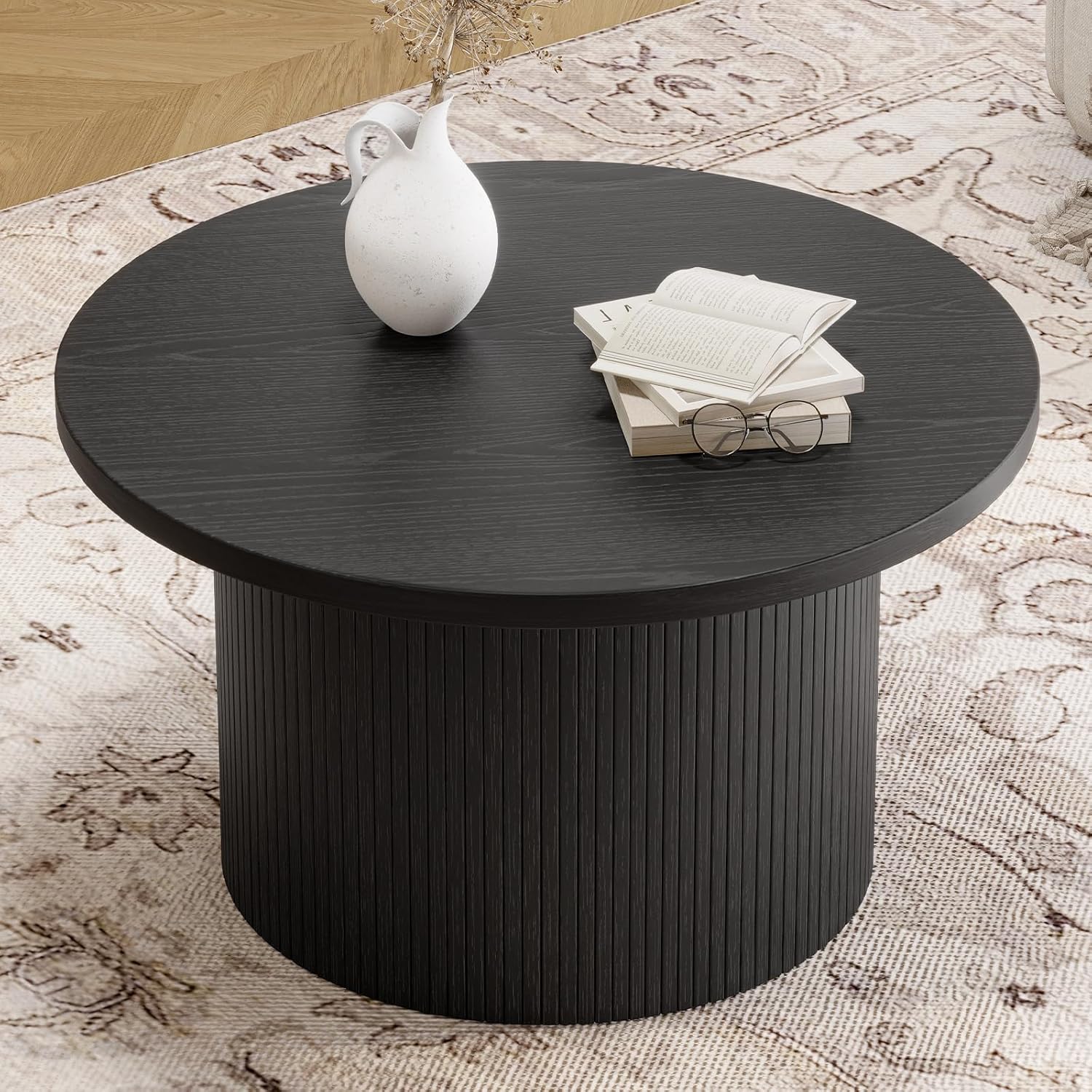 31.5 inch round coffee table living room roll-up coffee table mid-century modern wood coffee table