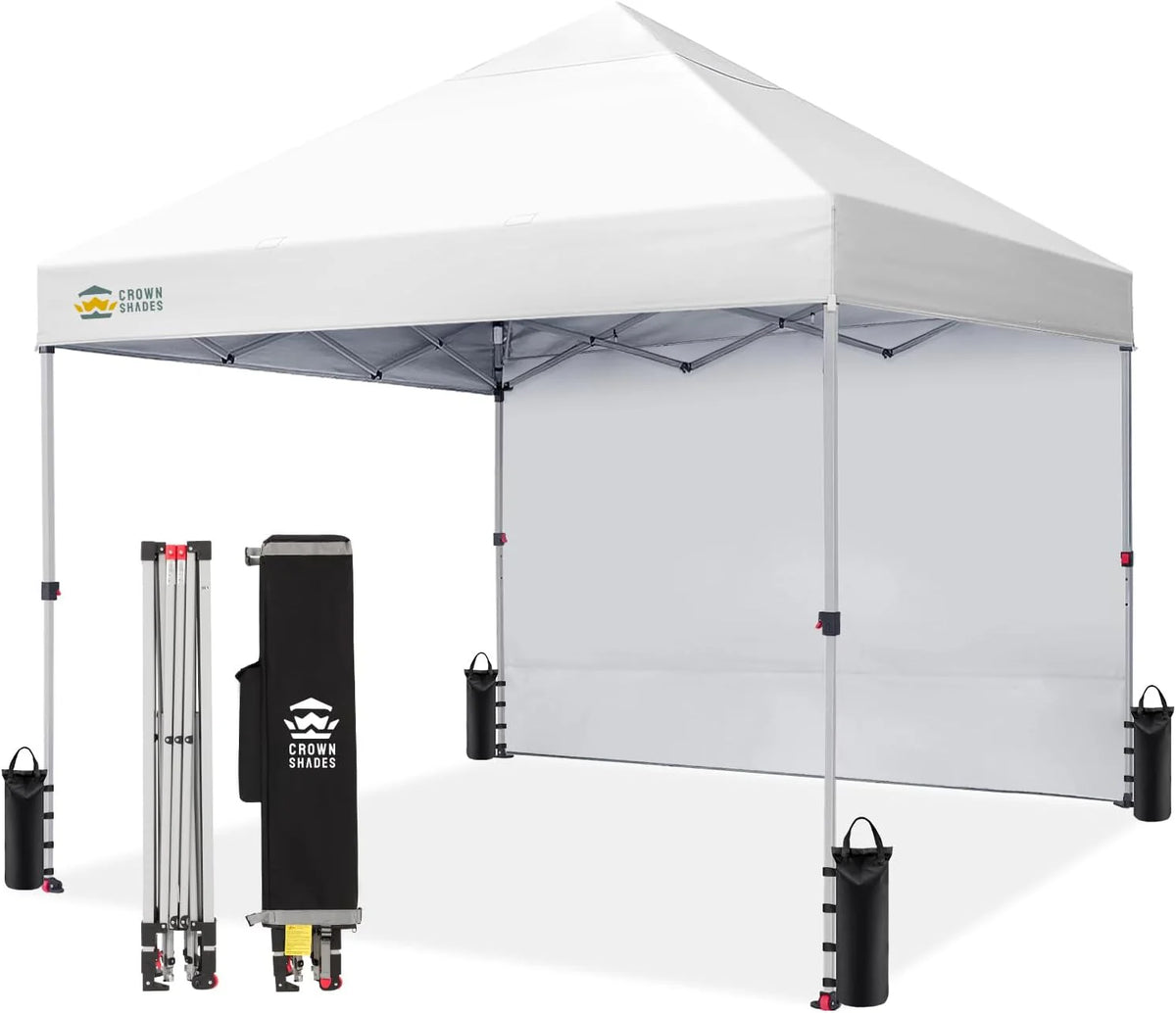 CROWN SHADES 10x10 Pop Up Canopy with 1 Side Wall - Beach Tent with One Push Setup - Outdoor Sun Shade for Events, Parties, Camping - Gazebo with STO-N-Go Cover Bag (White)