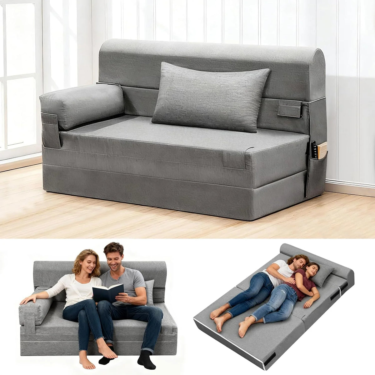 Folding Sofa Bed Convertible Sleeper Chair with Pillow Modern Linen Fabric Comfy Floor