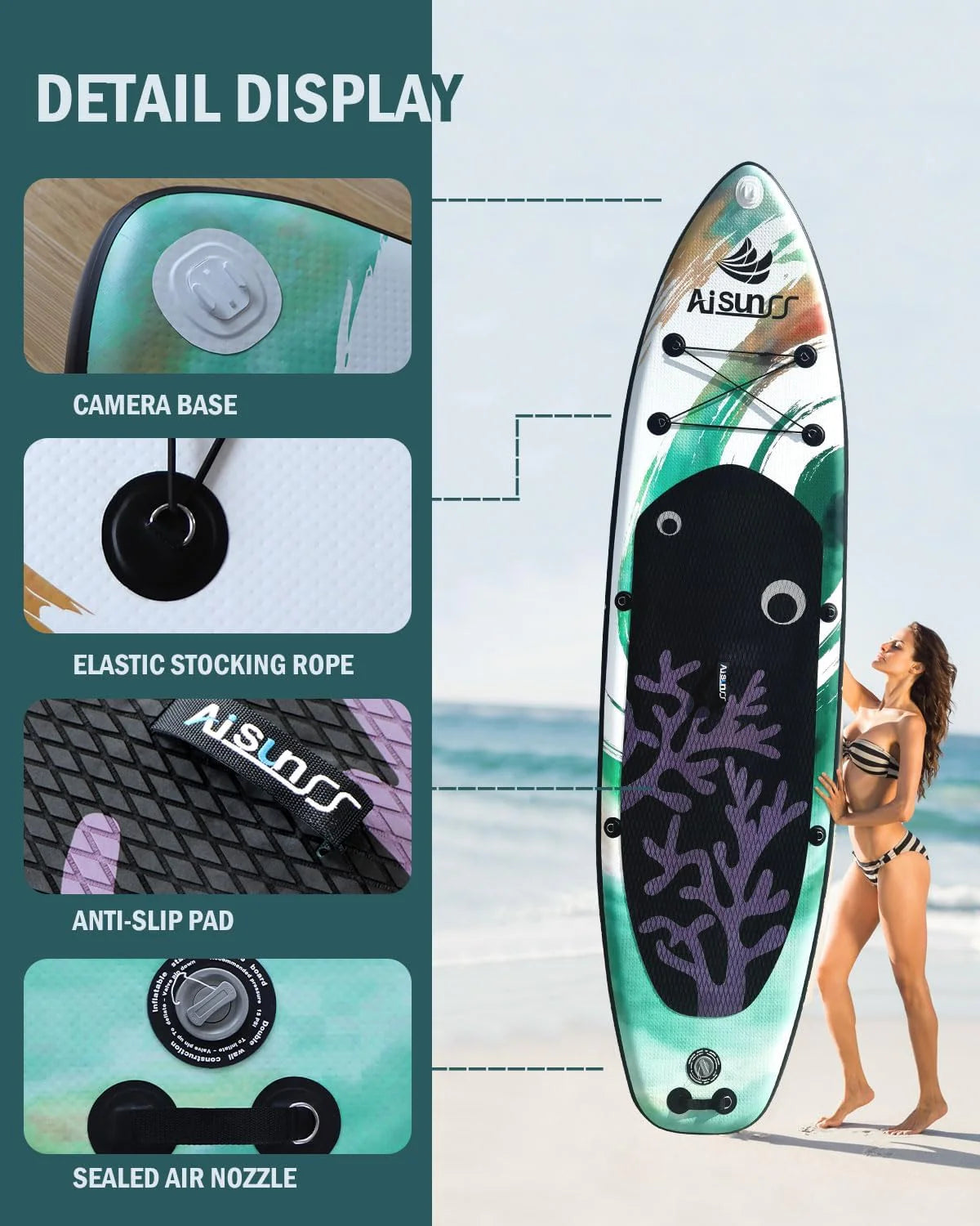 Inflatable wide SUP board with SUP carrying bag, hand pump, 10L waterproof bag and adjustable paddle