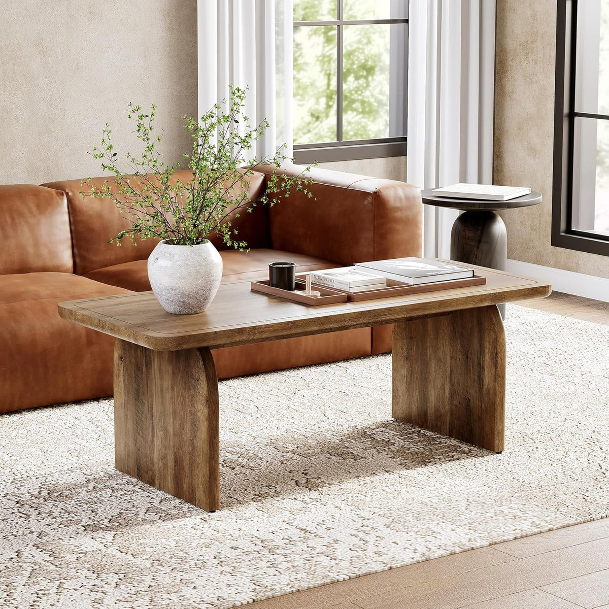 LITTLE TREE Farmhouse Coffee Table 47 Inch Round Corner Wood Center Table Rectangular