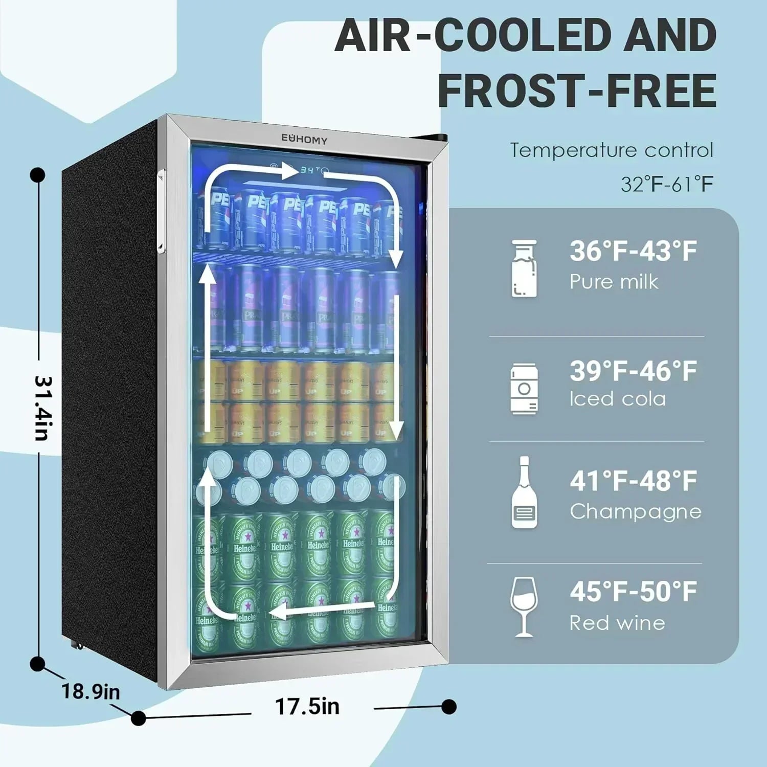 EUHOMY Beverage Refrigerator Cooler 130 Can Mini Fridge with Glass Door Beverage Cooler